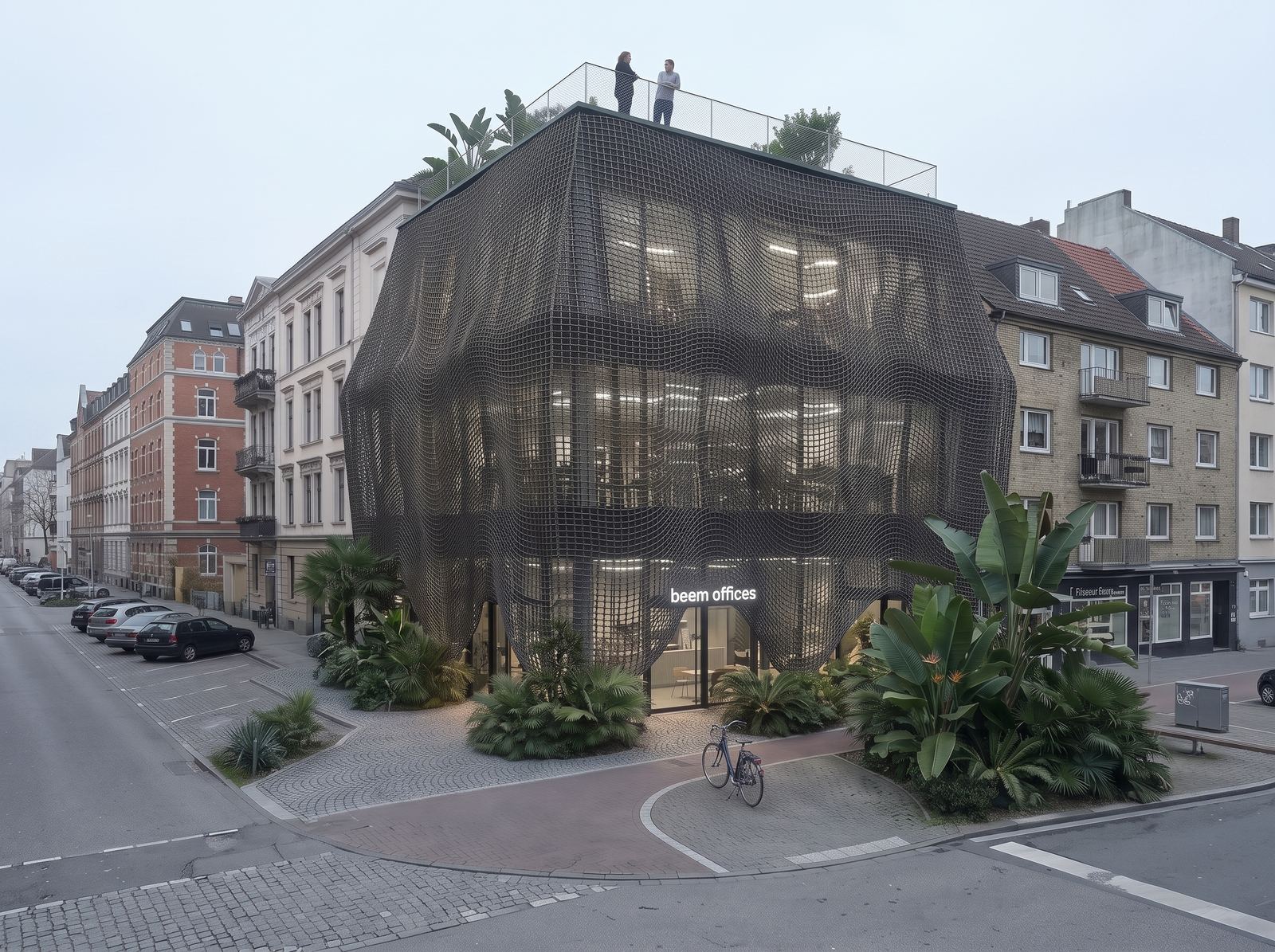 Corner view of BEEM Offices in Hamburg featuring an undulating dark chainmail mesh facade draped over a modern glass building with a landscaped rooftop terrace.
