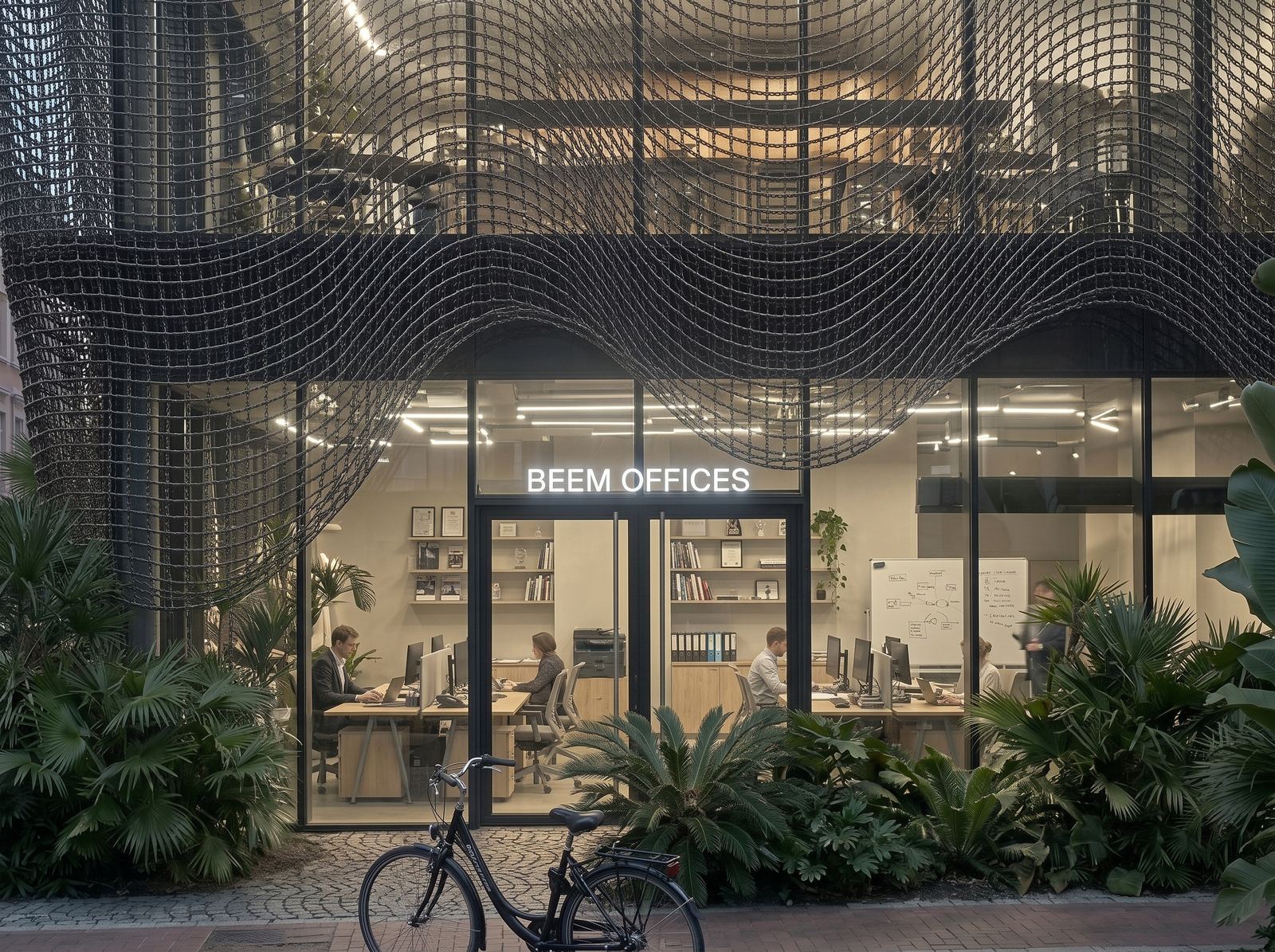 Street-level view of the brightly lit BEEM Offices interior through clear floor-to-ceiling glass, framed by draped black chainmail and lush exterior plants.