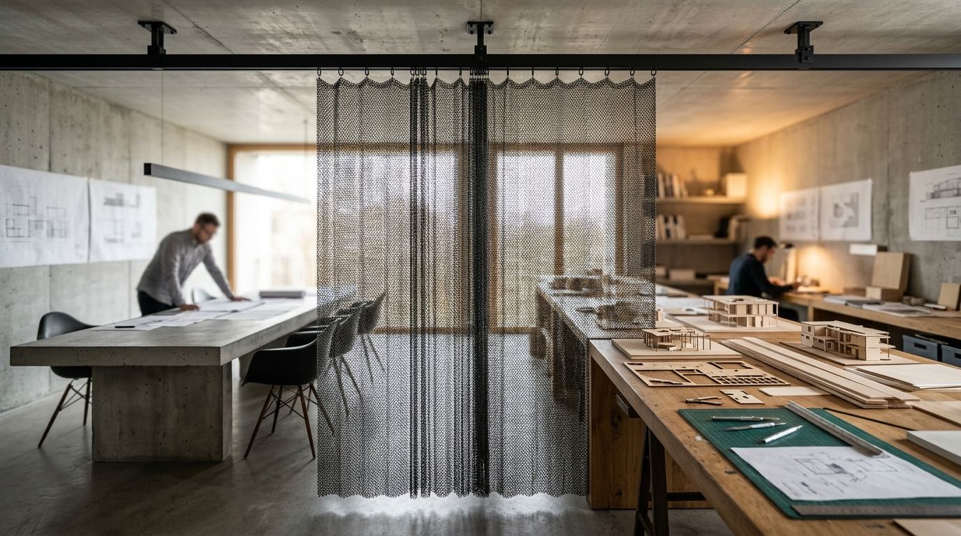 Interior view of an architecture workshop featuring a long concrete table, wooden model-making benches, and a suspended black chainmail mesh partition screen.