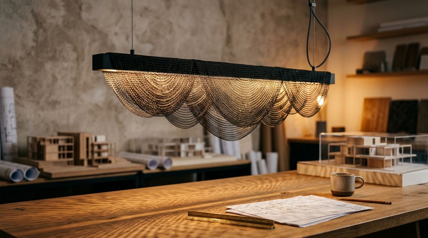 Close-up of a custom black linear pendant light with draped chainmail mesh hanging above a wooden workbench in an architecture studio.