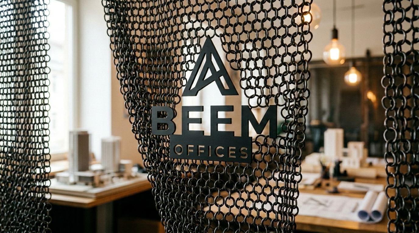 Close-up of the BEEM Offices logo mounted directly onto a black chainmail mesh screen inside the design studio.
