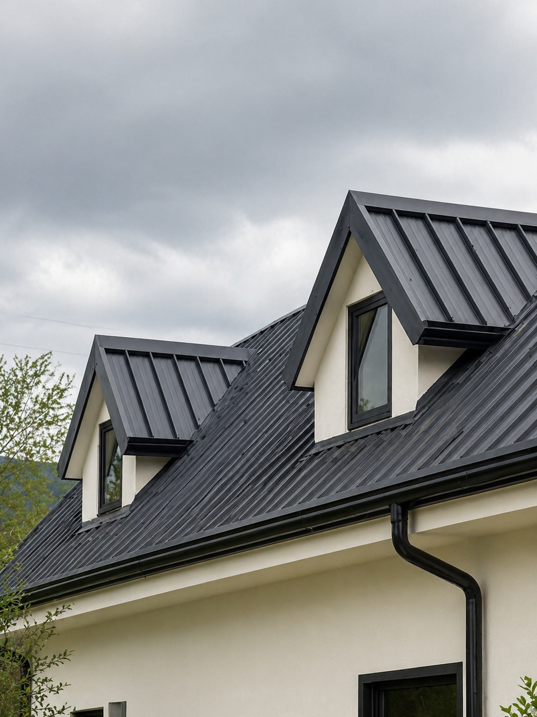 Close-up of the pitched roof with dark metal cladding and dormer windows at Ferma VIP