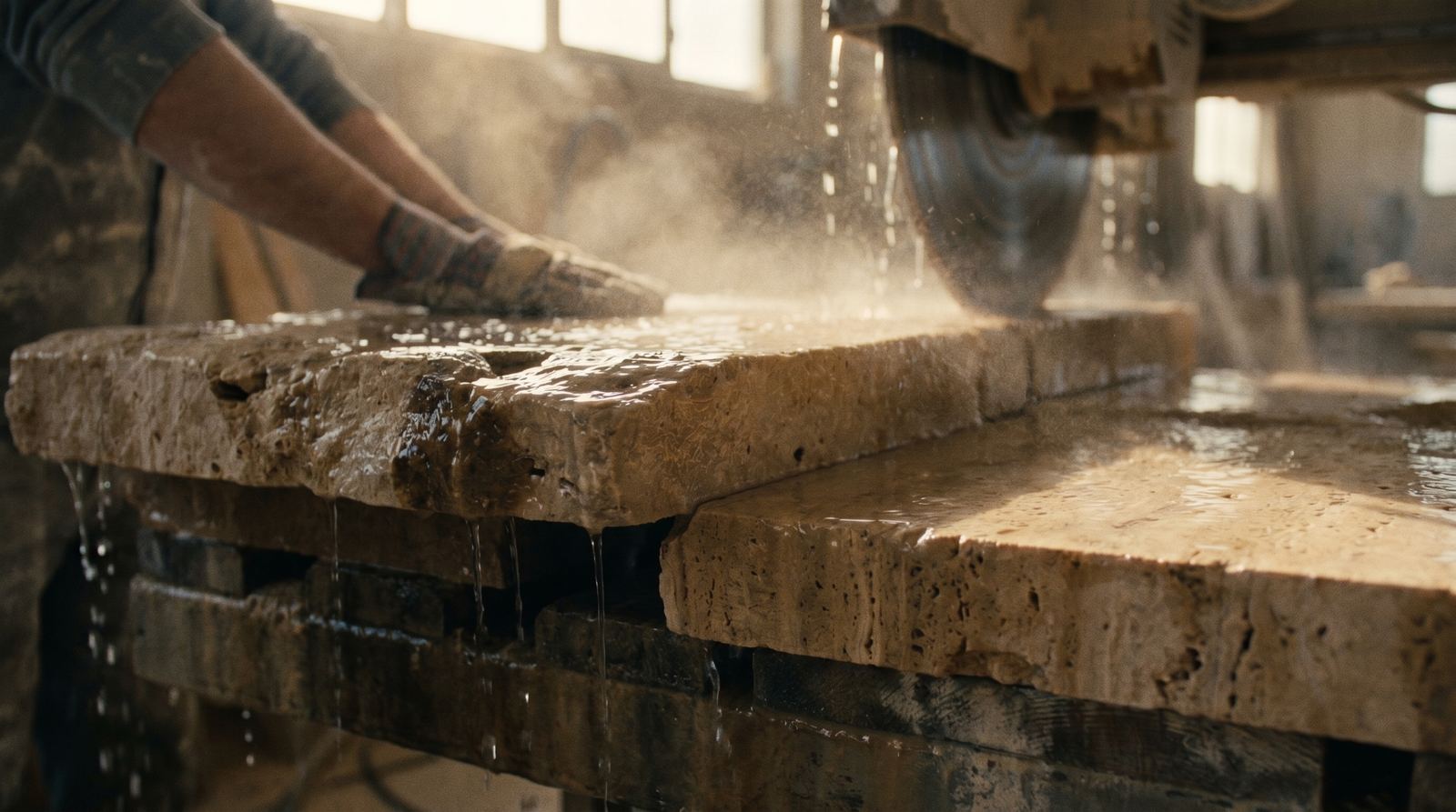 Wet saw cutting a rough stone block.