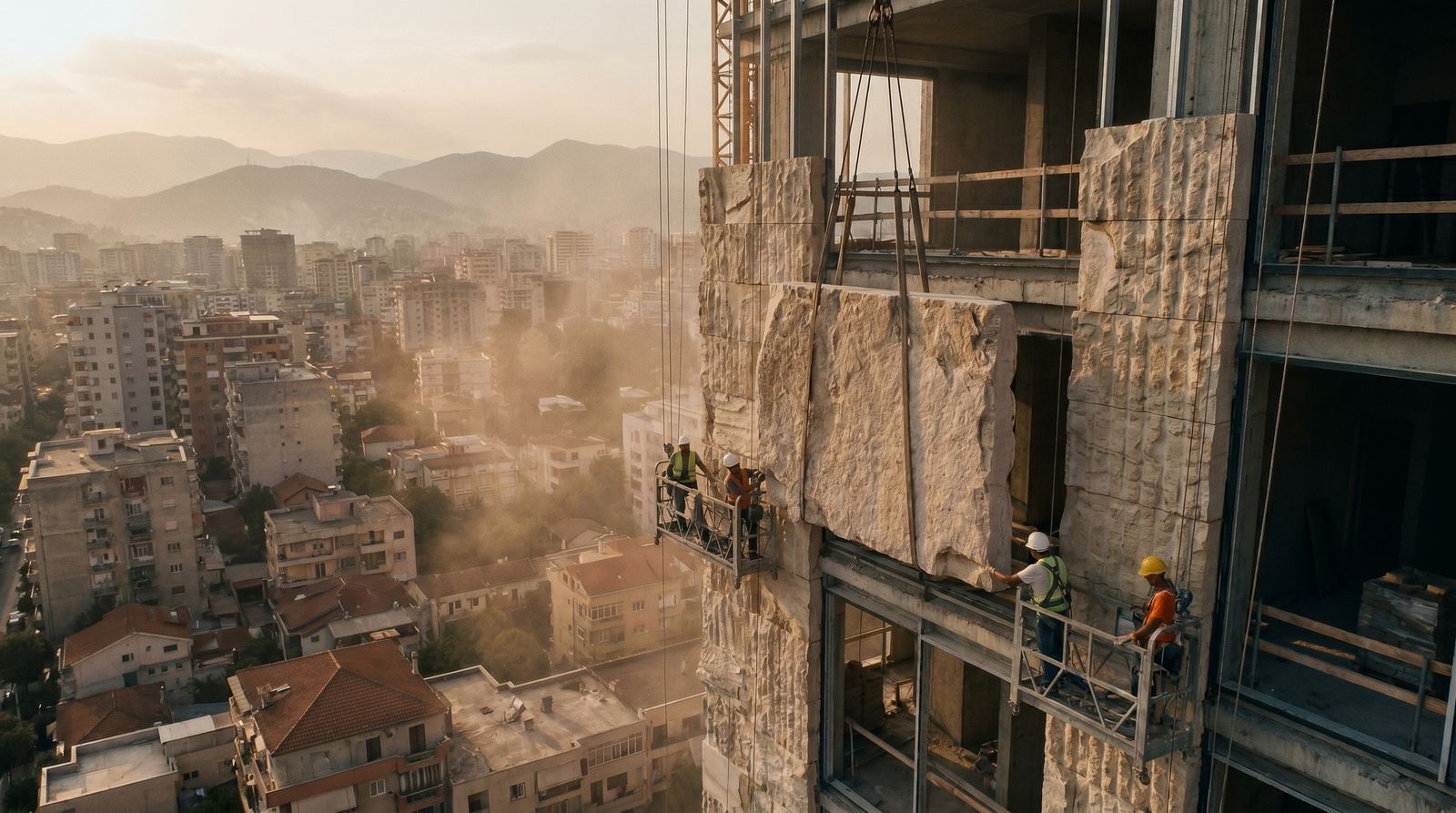 Workers installing massive split-face stone cladding panels on the facade of Guri Tower.