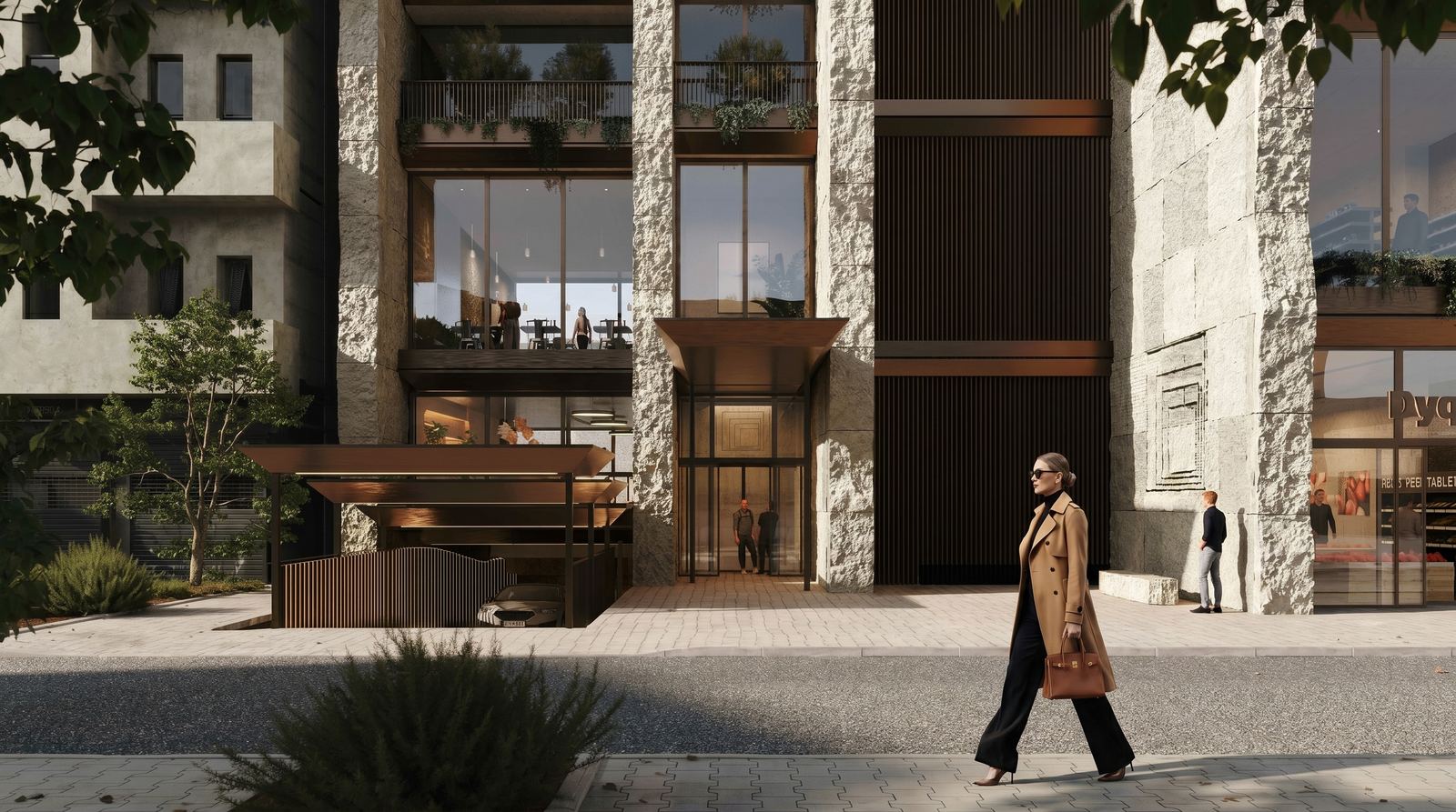 Street-level rendering of the entrance plinth of Guri Tower, featuring massive rough-cut stone columns, glazed facades, and a pedestrian walking past.