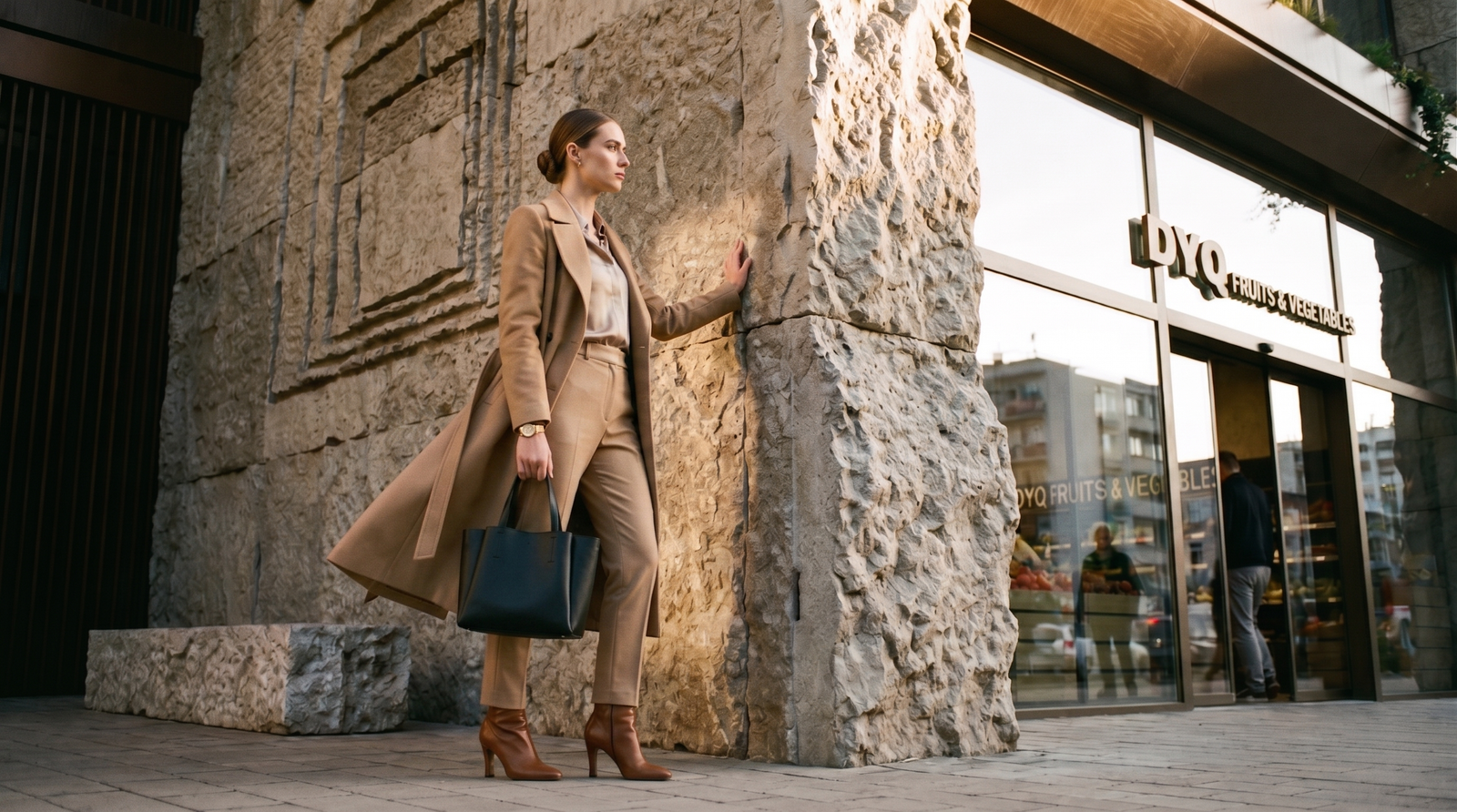 A woman in a beige trench coat standing next to a monumental, rough-textured stone column of Guri Tower near a glazed storefront entrance.