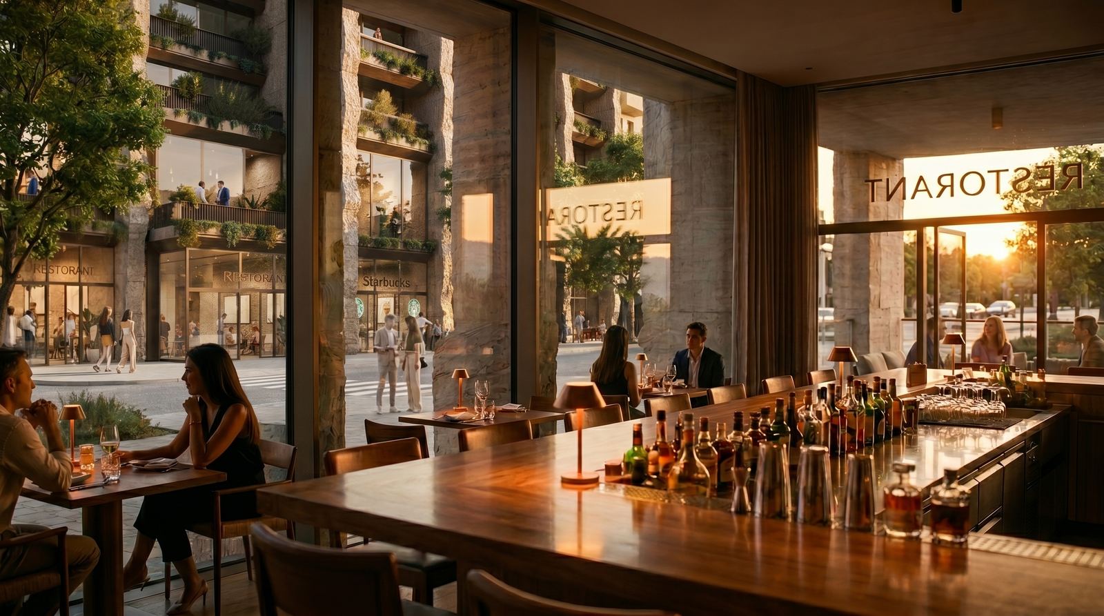 Interior of a luxury restaurant featuring a long wooden bar, warm ambient lighting, and massive glass windows looking out at the heavy stone pillars of Guri Tower.