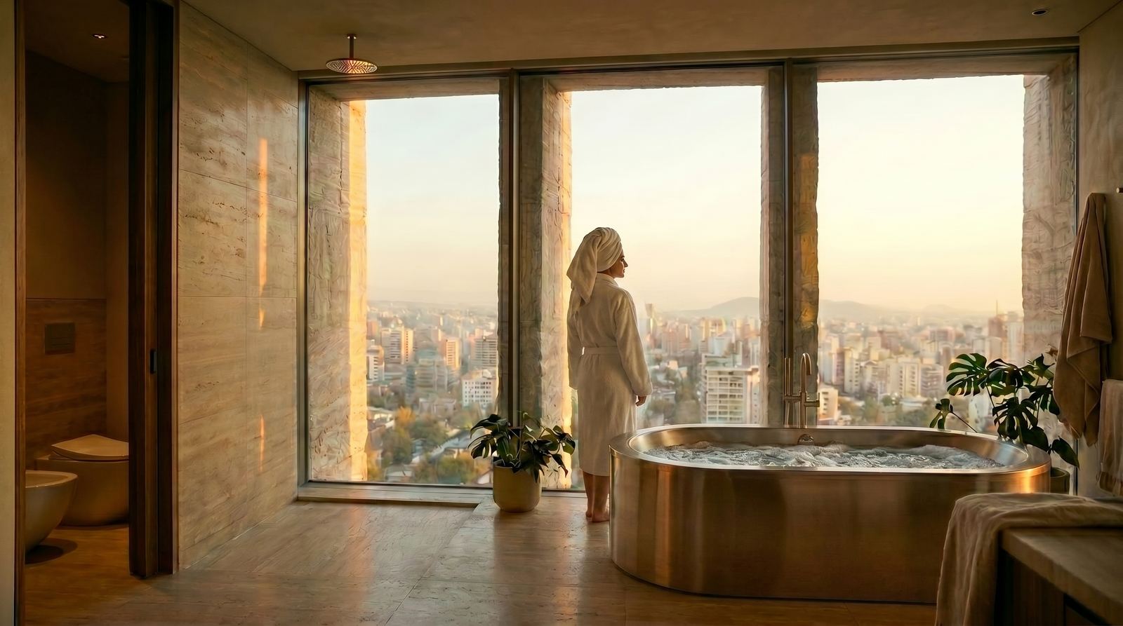 A woman in a white bathrobe looking out a floor-to-ceiling window in a luxury bathroom with a freestanding metal bathtub and travertine-clad walls.
