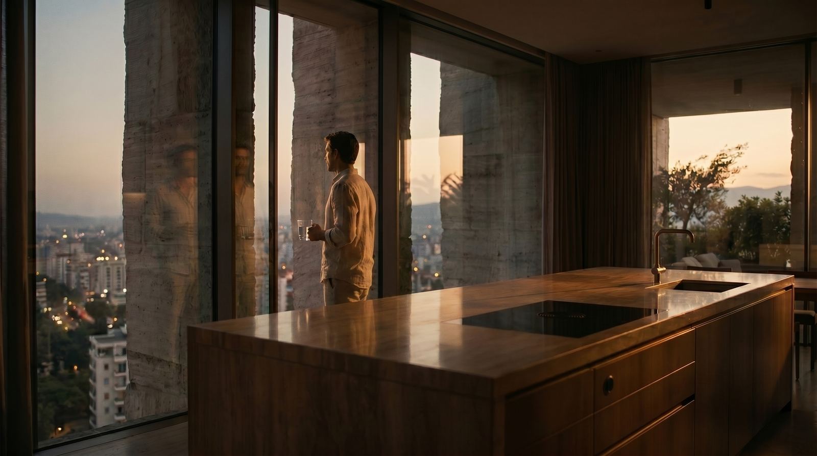 A man standing in a modern kitchen with a wooden island, looking out of a floor-to-ceiling window framed by massive textured stone columns at sunset.