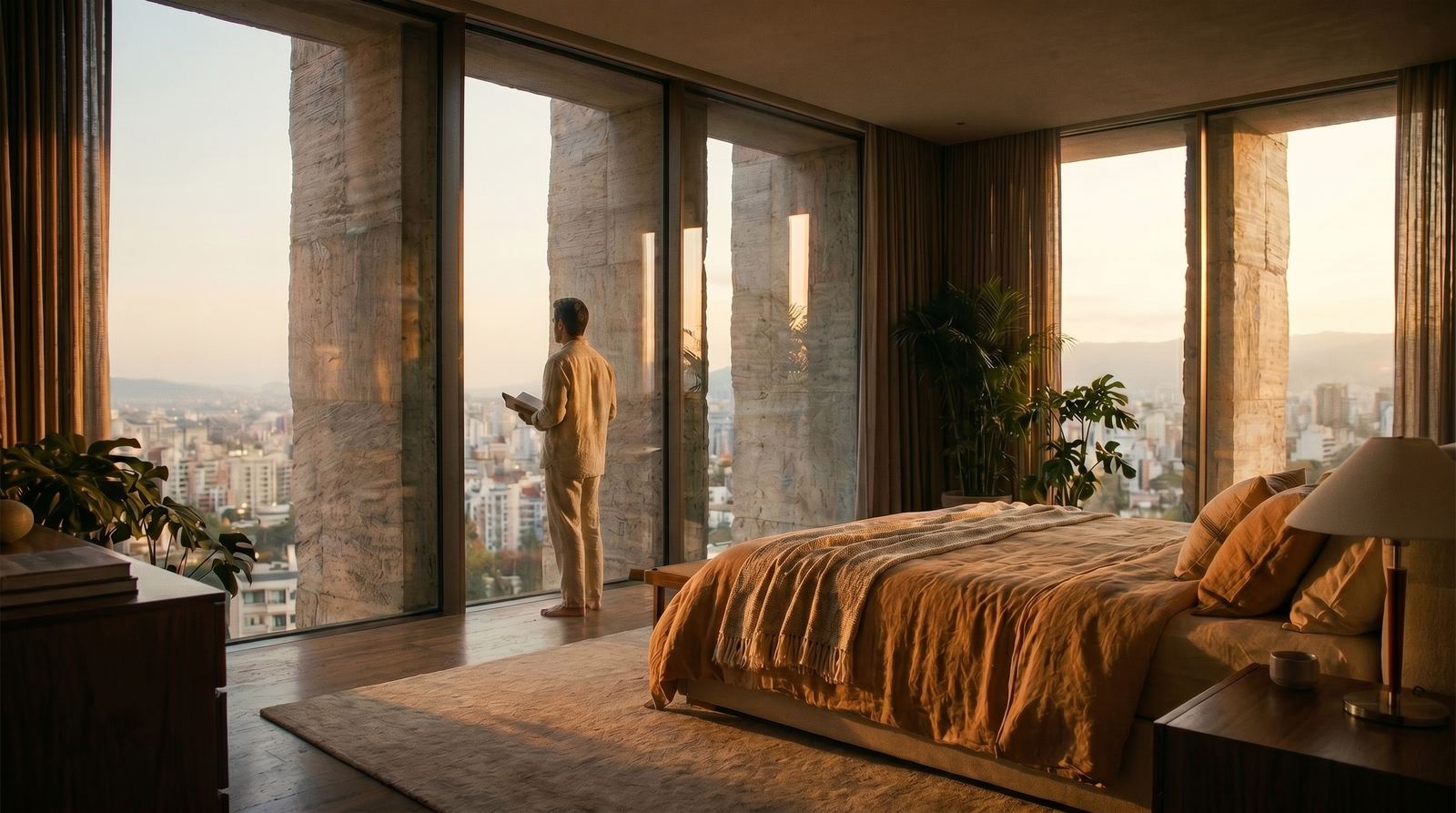 A man standing in a modern bedroom with warm-toned bedding, looking out of a panoramic window framed by massive, rough-textured stone columns at sunset.