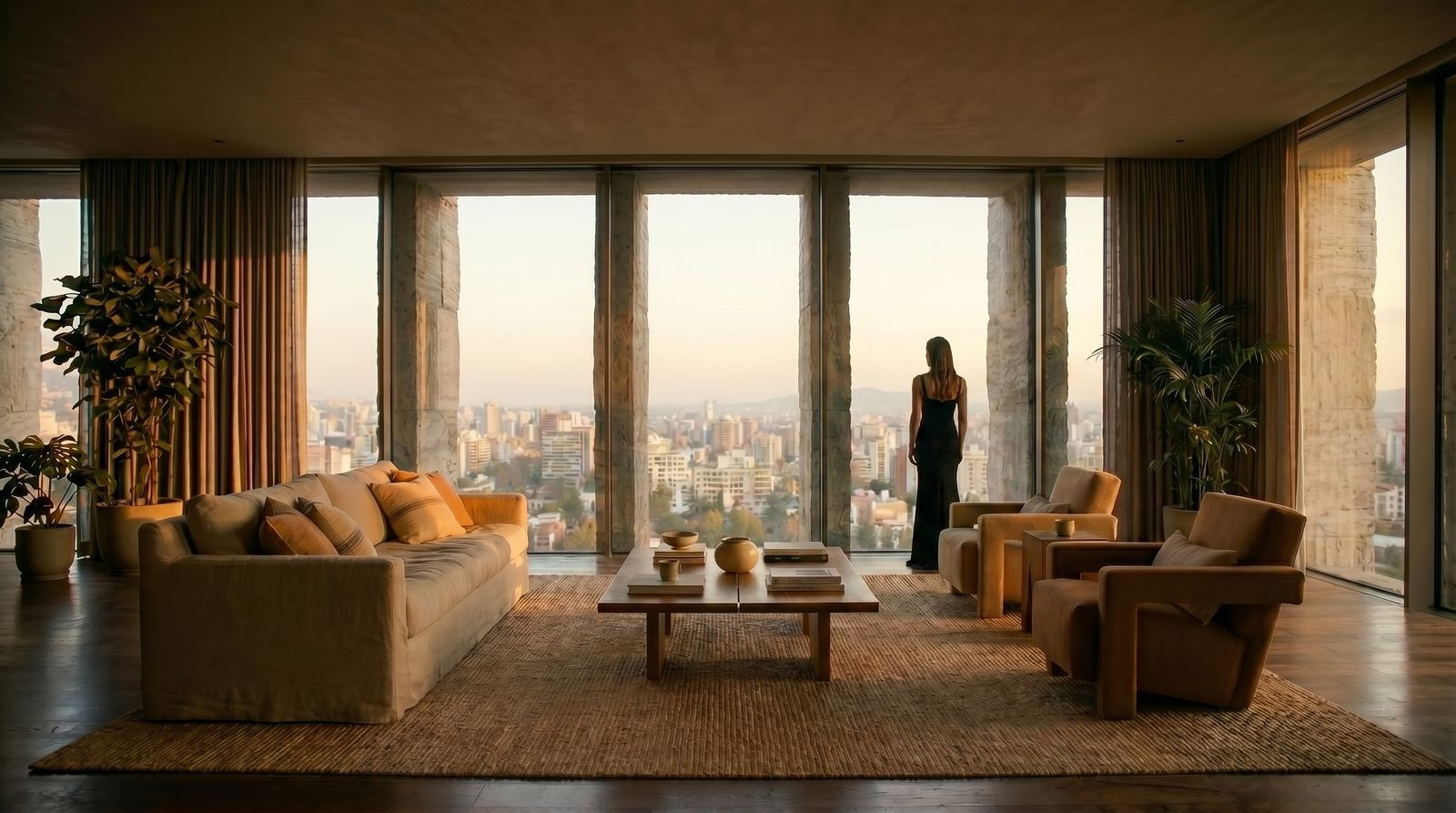 Interior of a luxury high-rise apartment featuring a spacious living room with minimalist furniture, textured stone columns, and floor-to-ceiling windows offering a panoramic city view.