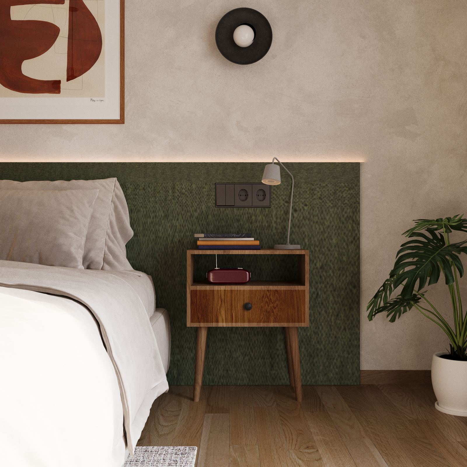 Bedroom corner with a wooden bedside table, green textured headboard, soft wall lighting, and minimal decor.