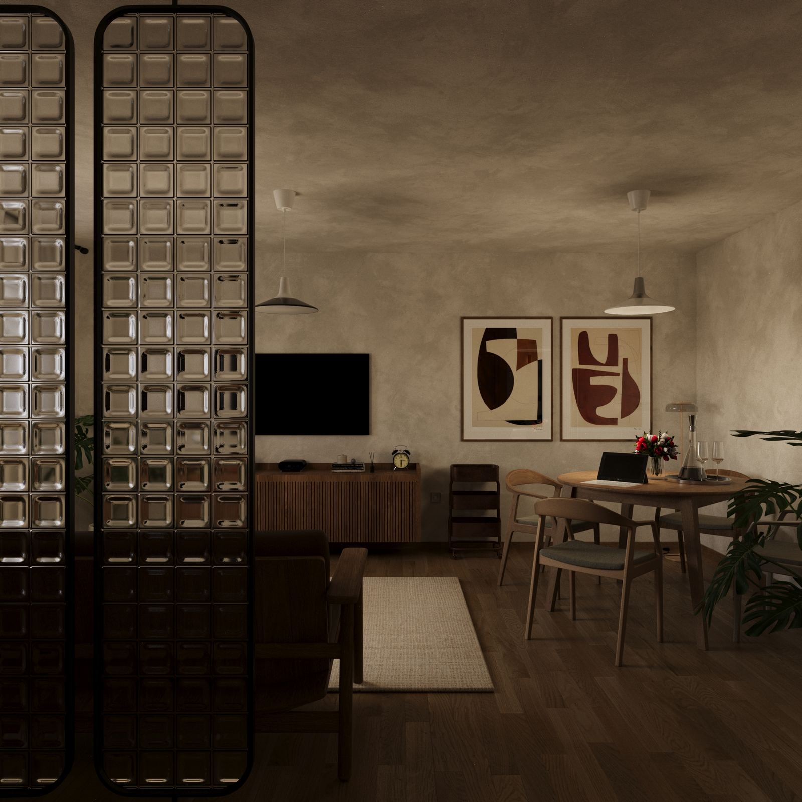 View from the glass partition into a combined living and dining area with warm tones and natural materials.  CAPTION: