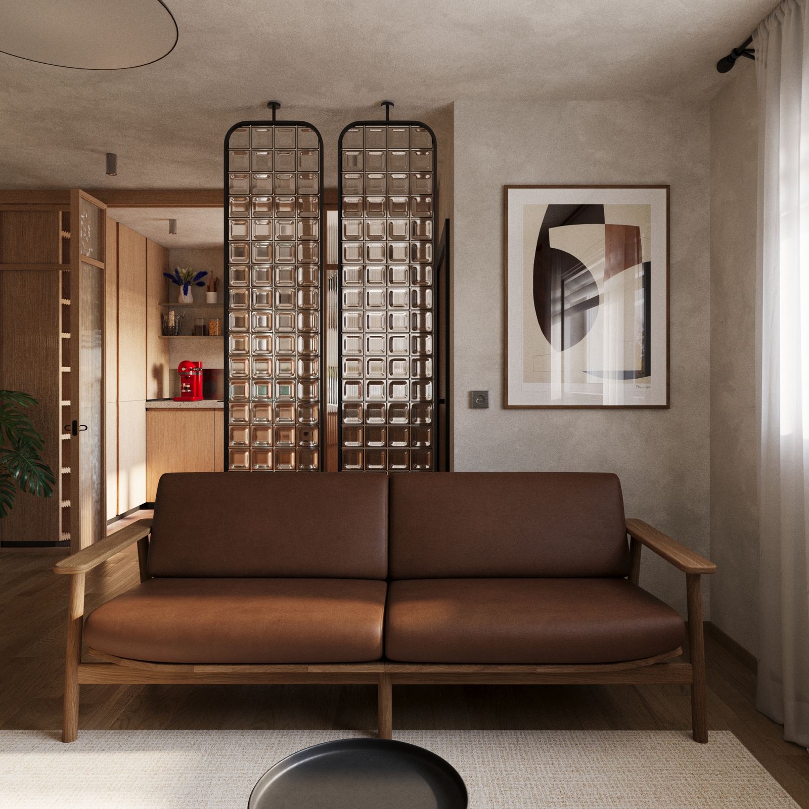 Cozy living area with a leather sofa, wooden shelving, and decorative glass partition panels in a warm, textured interior.