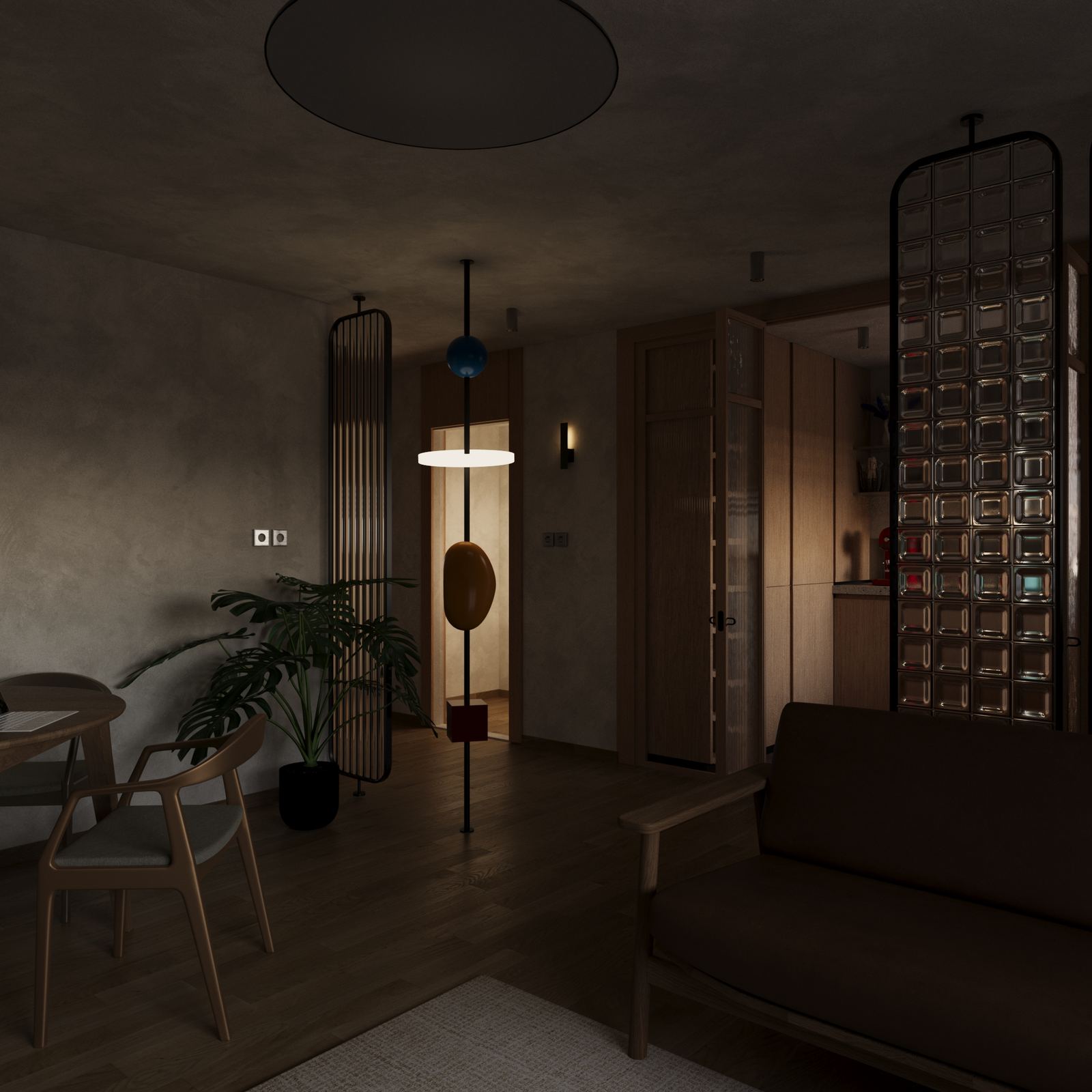 Warm ambient living space with soft lighting, wooden finishes, and a sculptural floor lamp near the seating area.