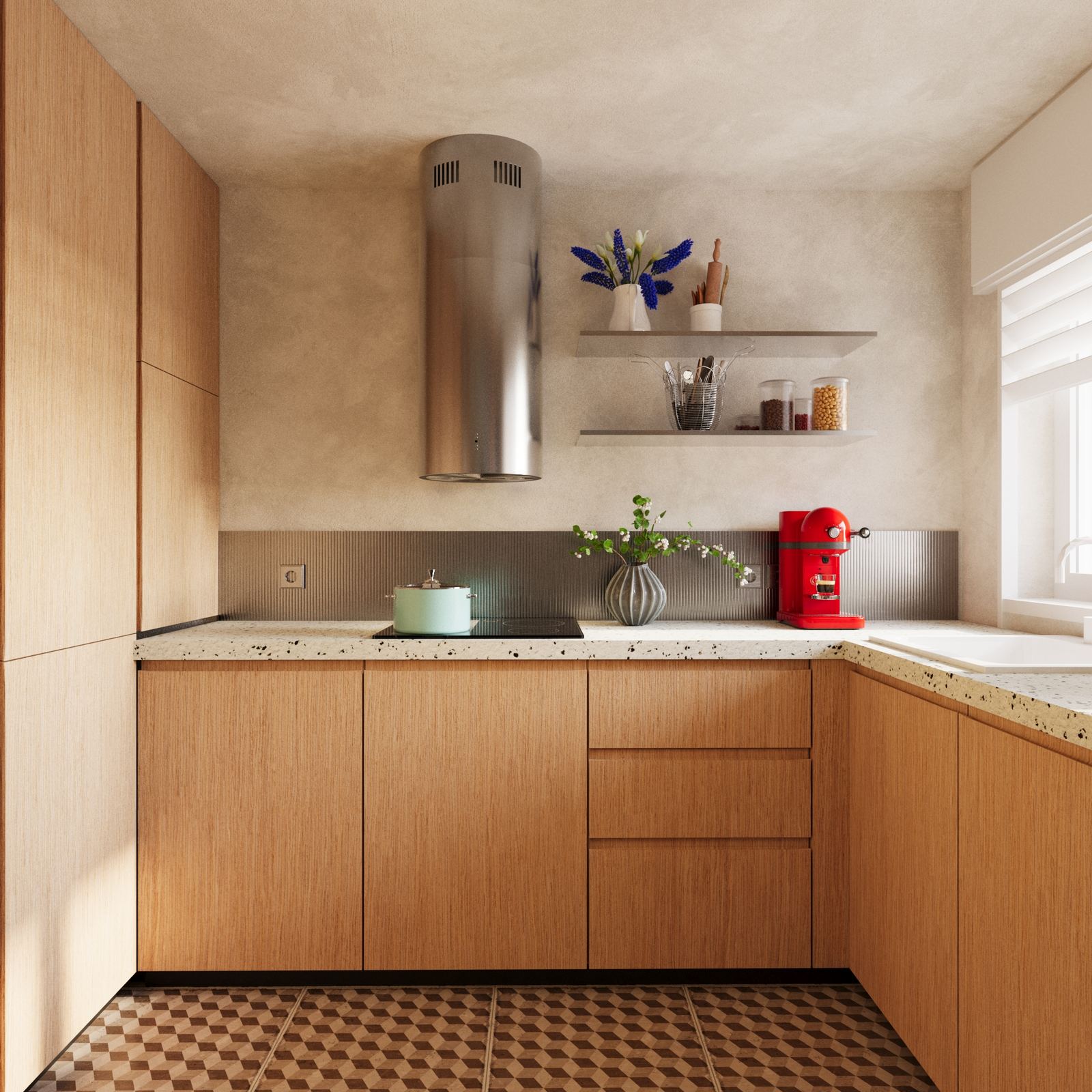 Compact kitchen corner with wooden cabinetry, countertop workspace, and open shelving.