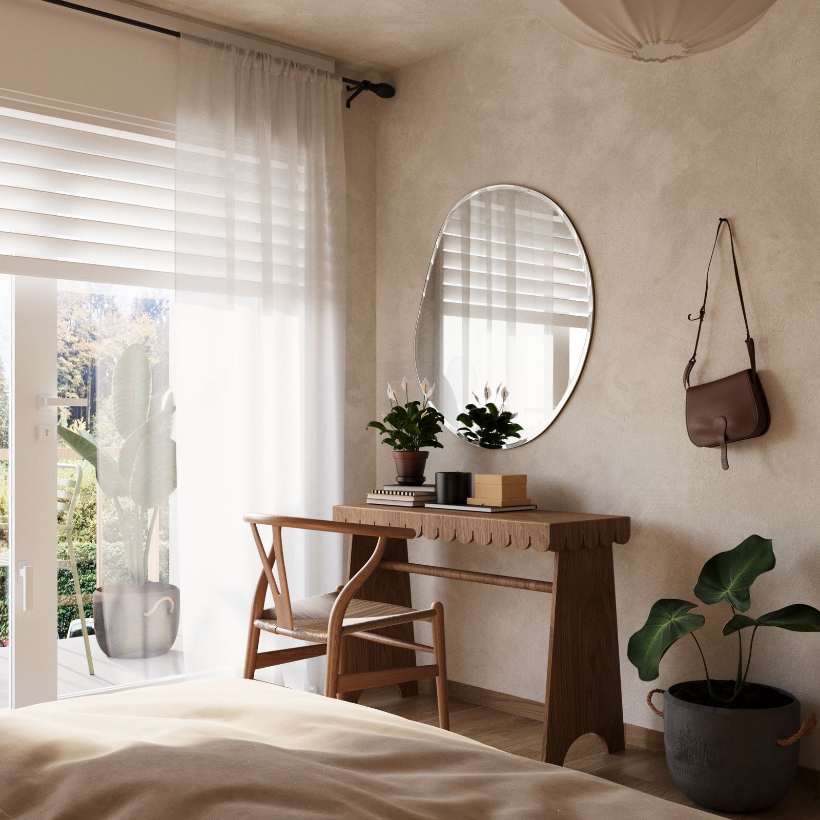 Light-filled corner with a wooden desk, round wall mirror, and soft curtains filtering natural daylight.
