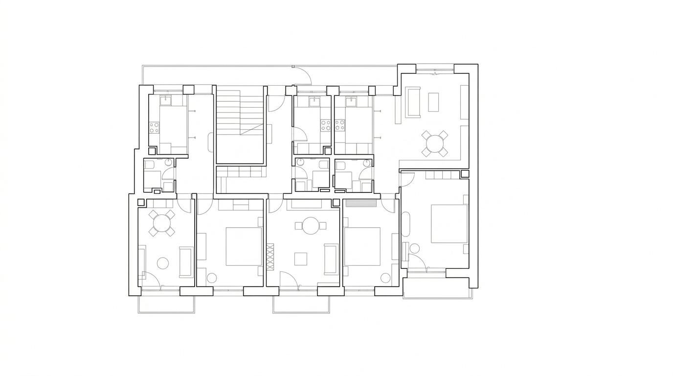 Architectural floor plan of a residential apartment level with three units, central staircase and circulation core, shown in a clean black-and-white graphic layout.