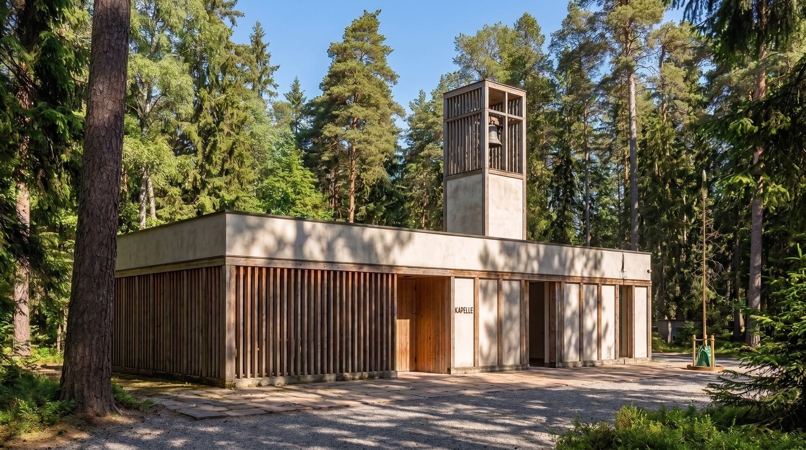 Minimalist concrete and timber chapel with a slender slatted wooden bell tower, situated within a dense pine forest.
