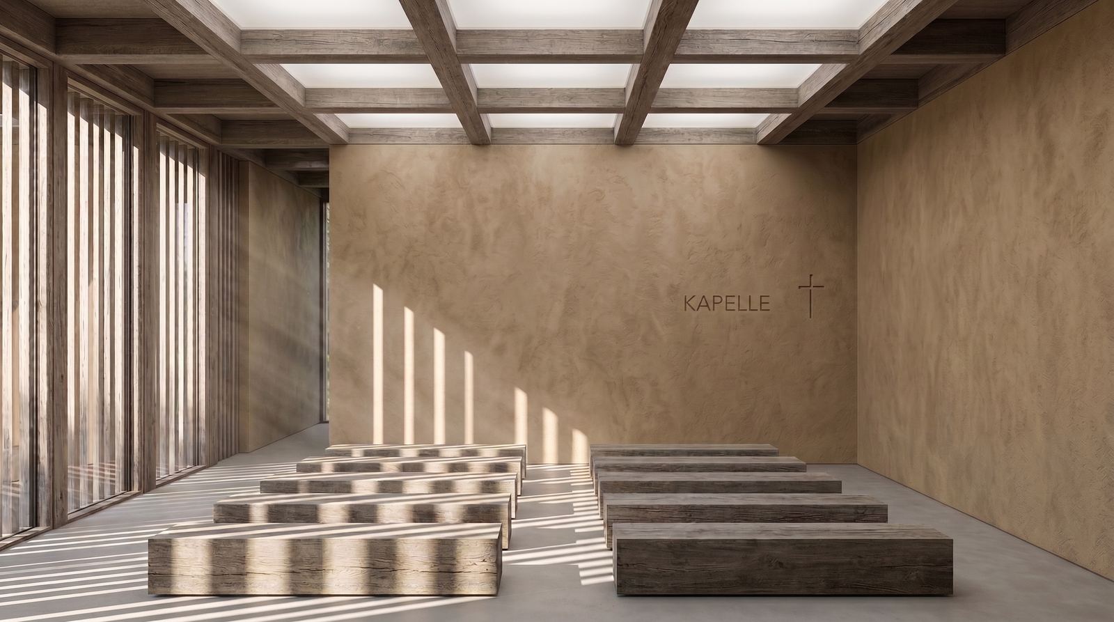 Interior of the minimalist chapel ceremony hall featuring rows of solid wooden pews, textured clay-plaster walls, a timber ceiling grid with integrated skylights, and dramatic linear shadows cast from the slatted window facade.