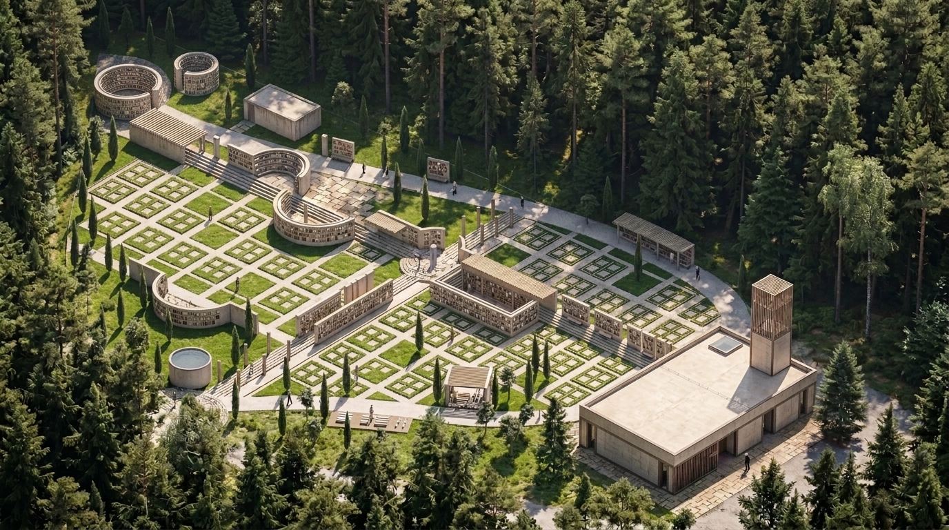 An aerial render illustrating the comprehensive masterplan: a vast formal garden with orthogonal planting beds and paths, flanked by low-slung, textured stone pavilions, and terminating with the minimalist chapel, all nestled against the edge of a dense forest.