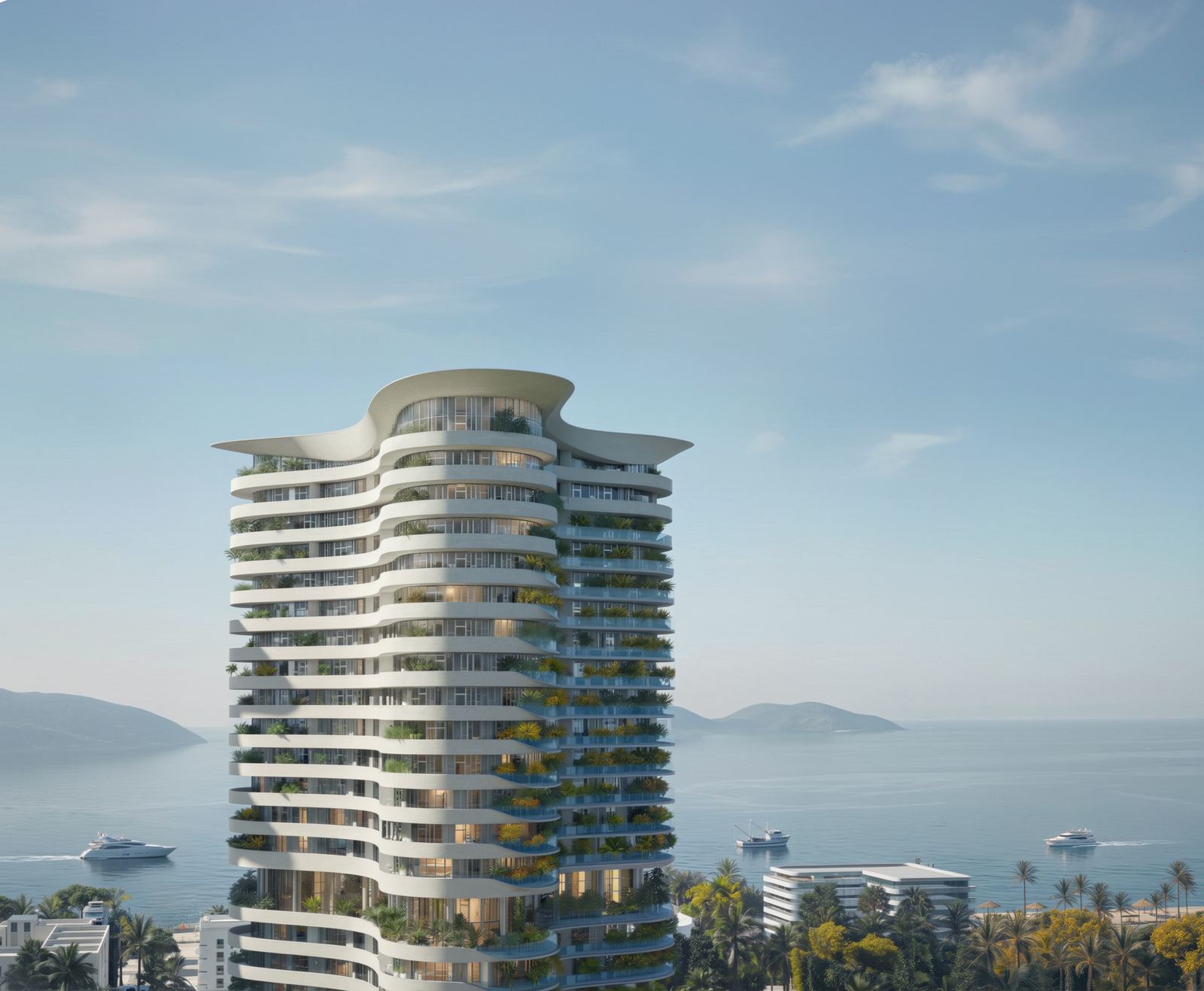 Twin waterfront towers with layered balconies overlooking the Ionian Sea