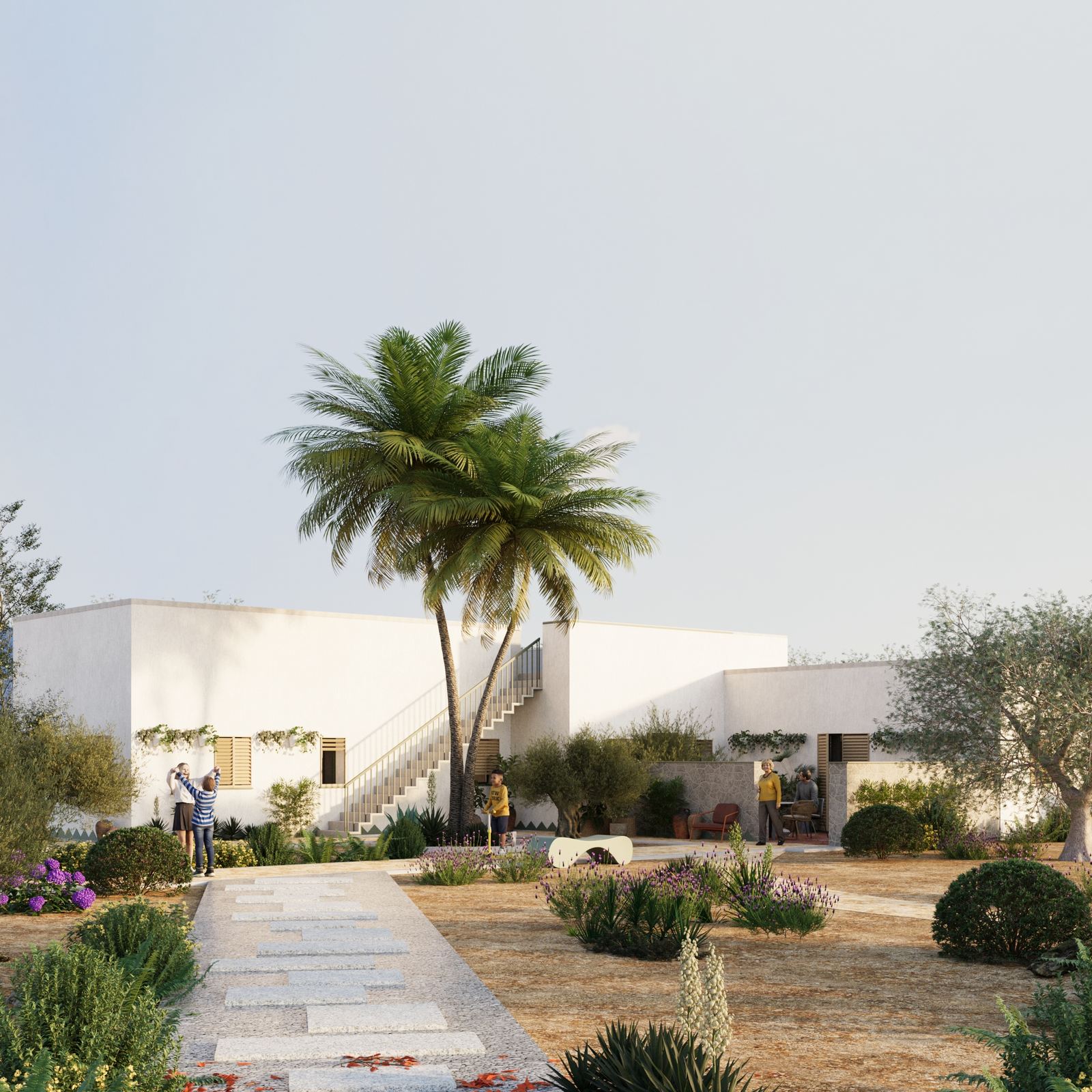 Mediterranean villa with courtyard and palm tree.