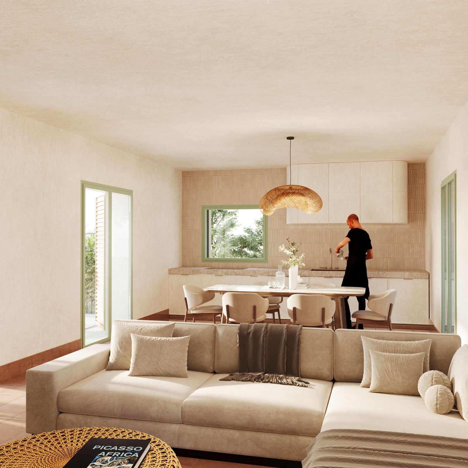 Mediterranean interior with open kitchen and dining area.