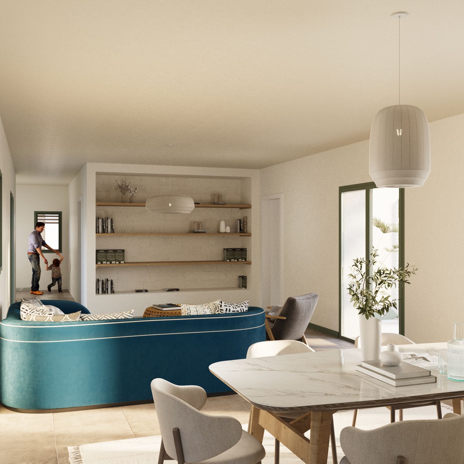 Living room with built-in shelving.