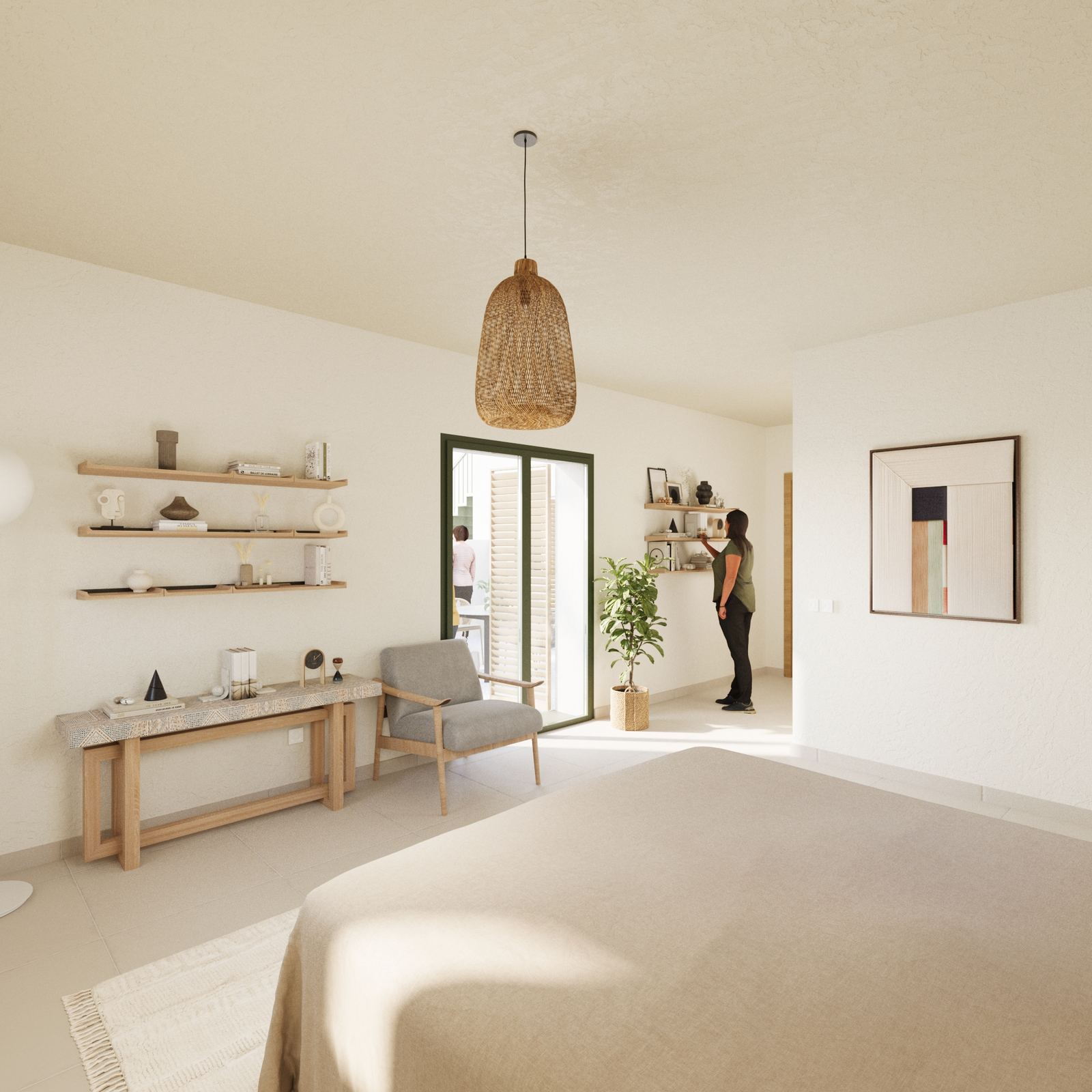 Bedroom with natural light and simple furniture.