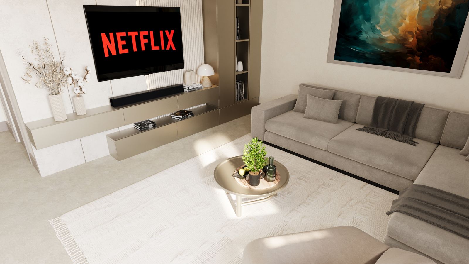 Living room with neutral tones, custom wall unit, soft seating, and natural light highlighting textures and materials.