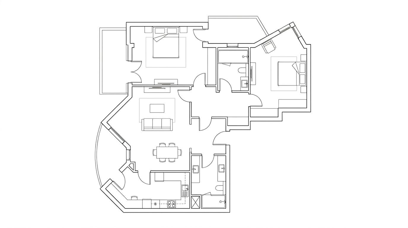 Minimal monochrome apartment floor plan with curved geometry, furnished living and dining spaces, bedroom, kitchen, bathroom, and balcony arranged in a clean architectural layout.