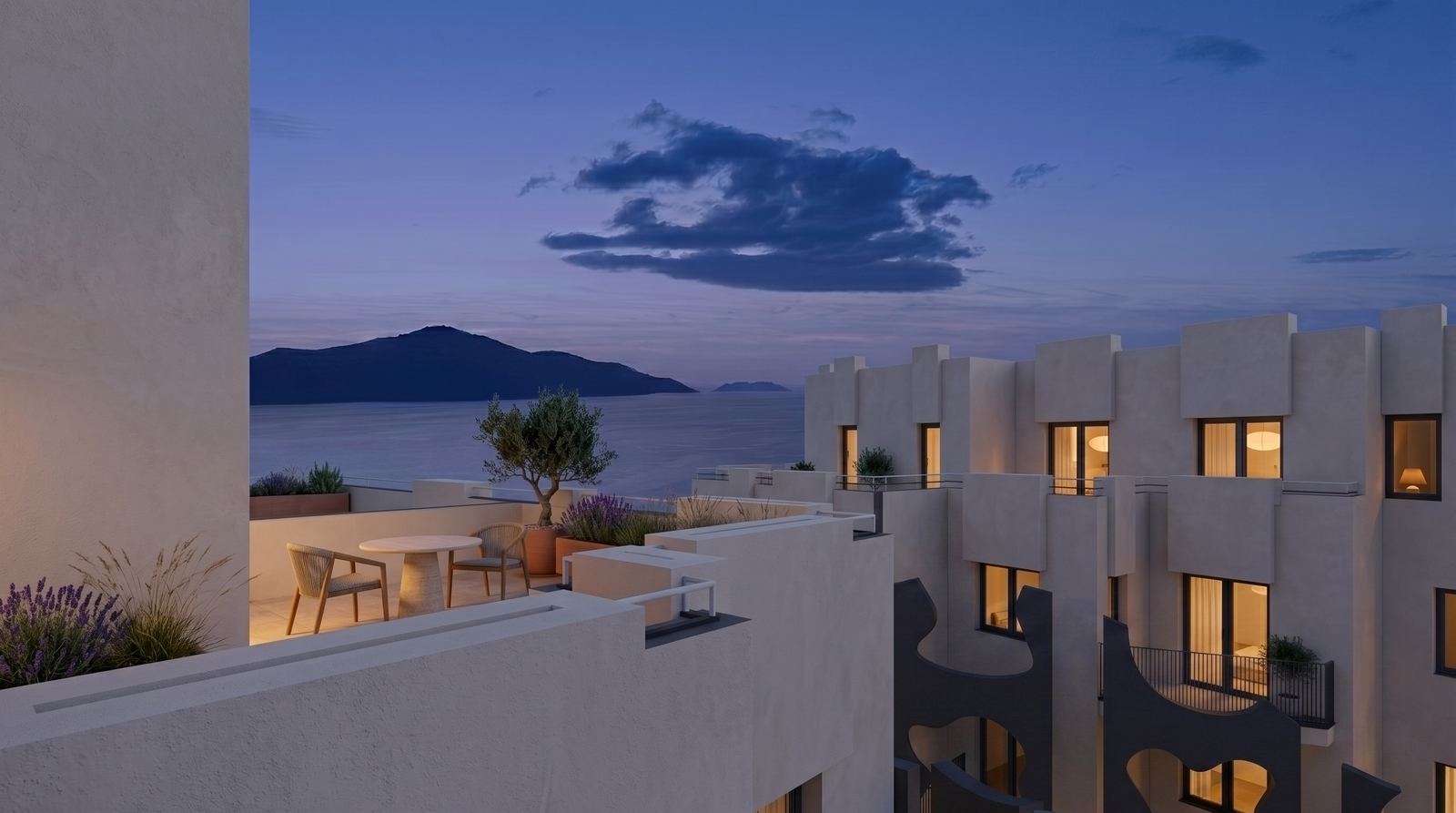 Furnished rooftop belvedere facing the open sea under nightfall.   