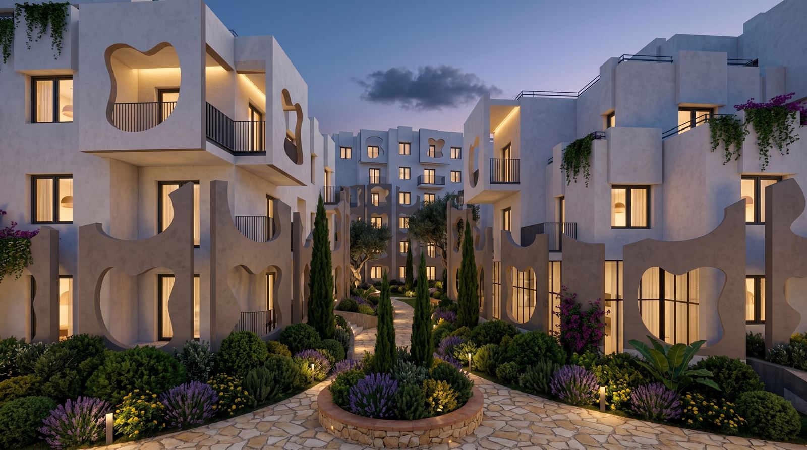 Central courtyard walkway bordered by sculptural white residential facades with organic cutouts and illuminated Mediterranean greenery at dusk.