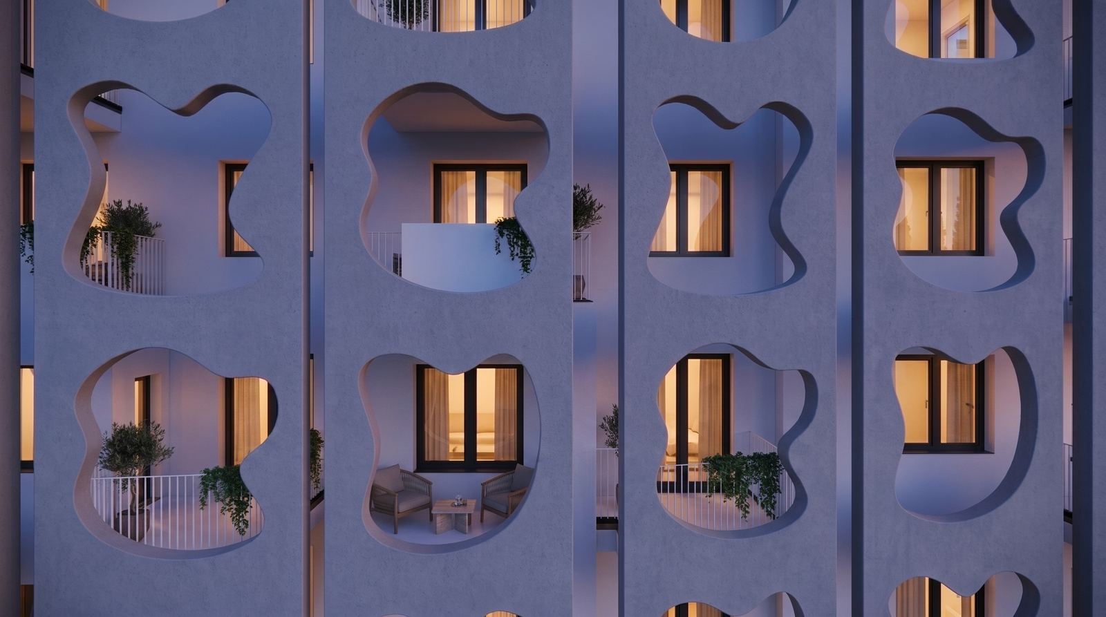 Sculptural balcony cutouts framing warm, glowing interiors like living frames at twilight.