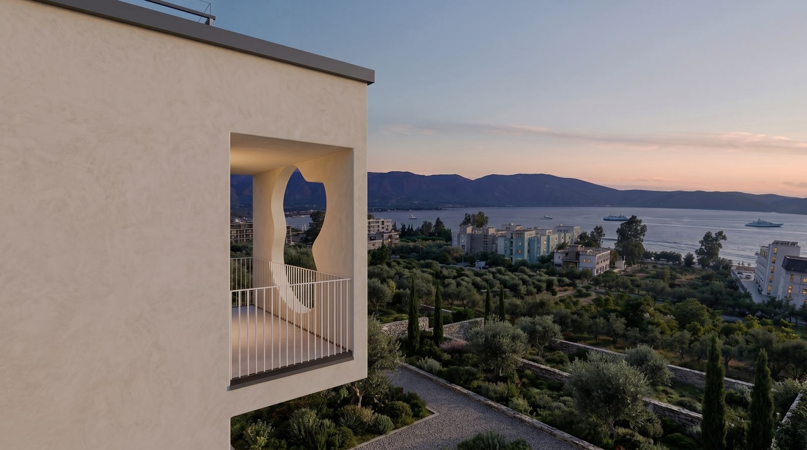 Balcony with organic opening framing Karaburun Peninsula across the bay at twilight.