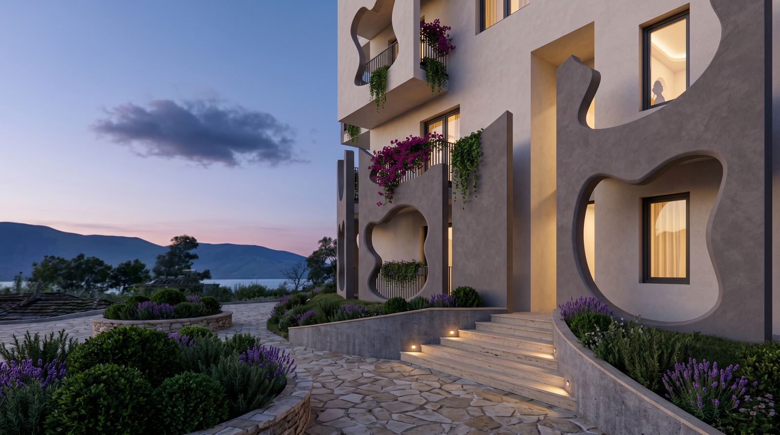 Sculptural residential facade of Radhima Fortress at dusk.