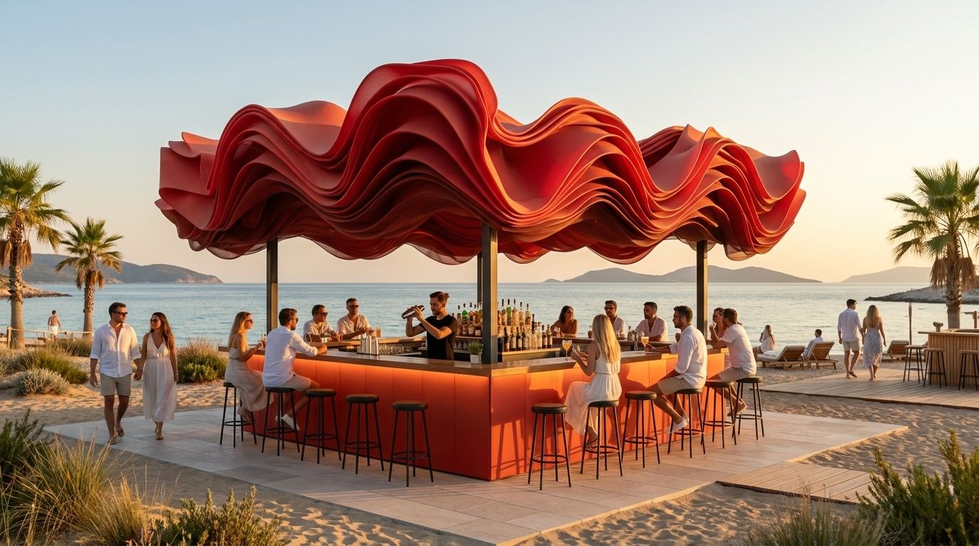 Red pavilion installed in a coastal setting with people gathering around the bar under the flowing canopy.