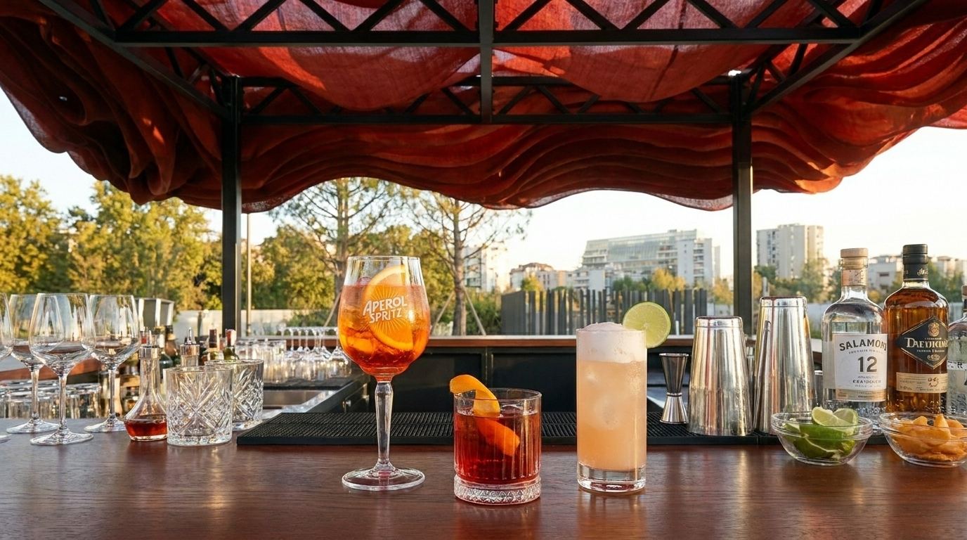 Close-up of cocktails and bar setup under the red pavilion canopy, highlighting the atmosphere and materiality.