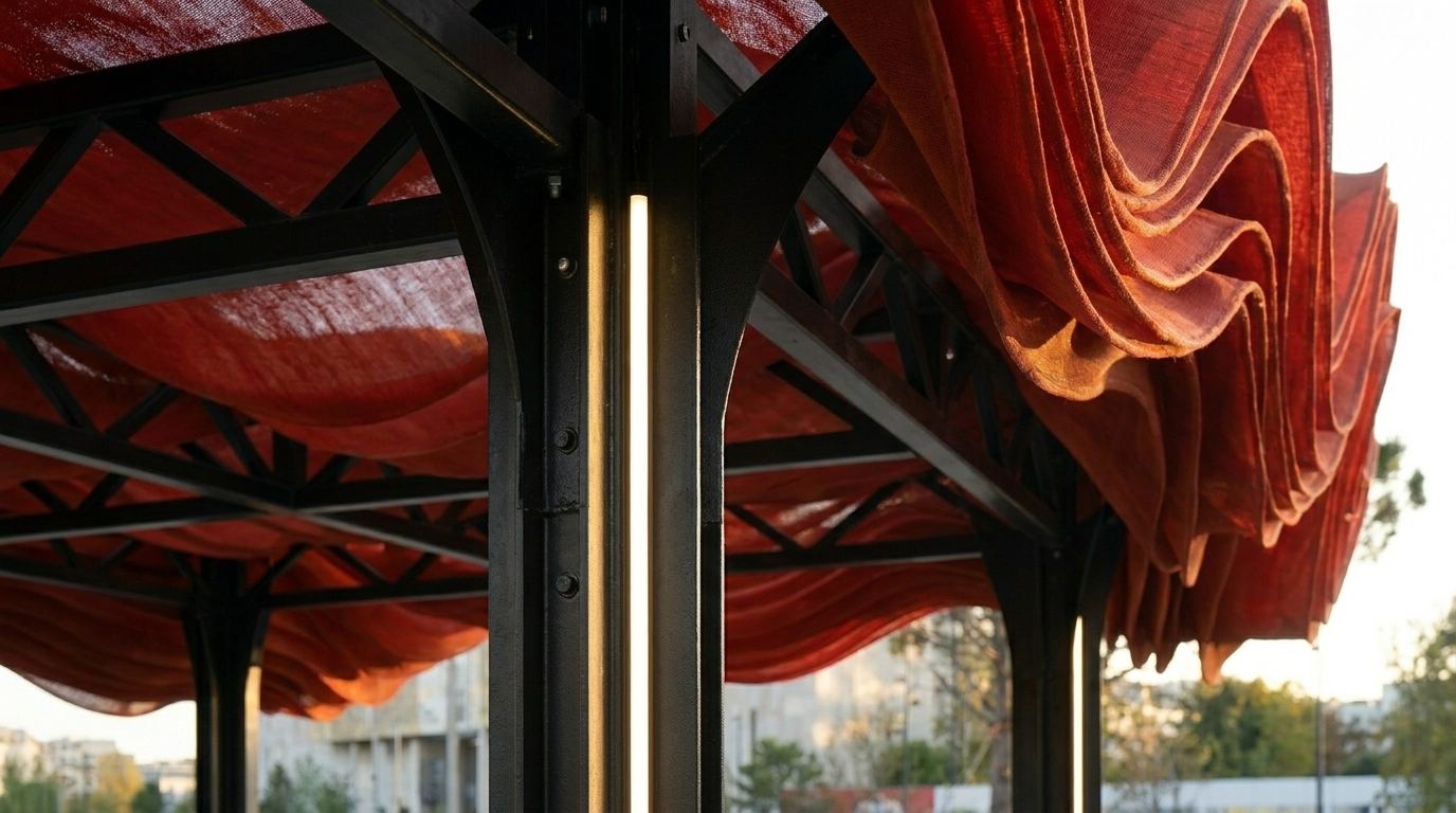 Close-up of the pavilion structure showing steel columns, integrated lighting, and layered red canopy from below.