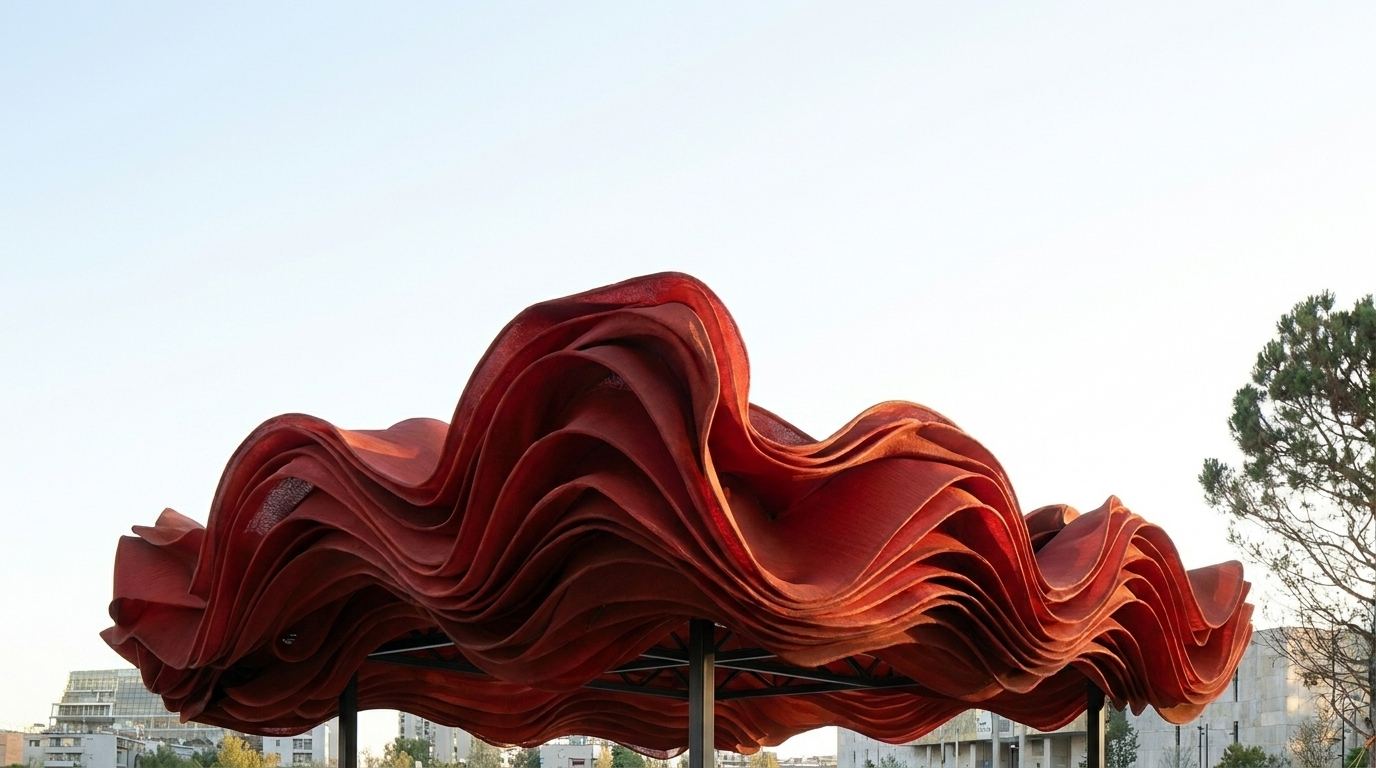 Fluid red pavilion installed in Skanderbeg Square, forming a sculptural open-air bar and public gathering space beneath a layered canopy.