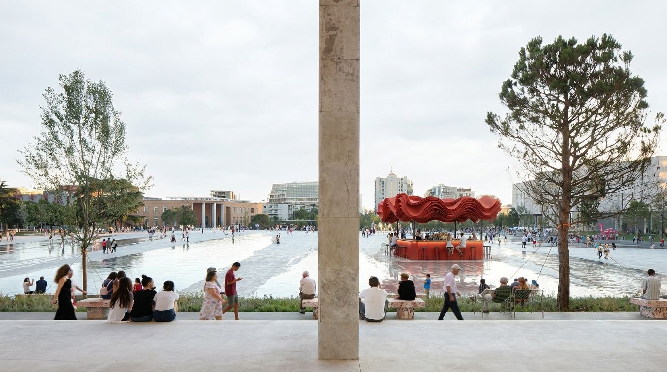 Red sculptural pavilion activating Skanderbeg Square, with people gathering around a glowing bar beneath a flowing canopy.