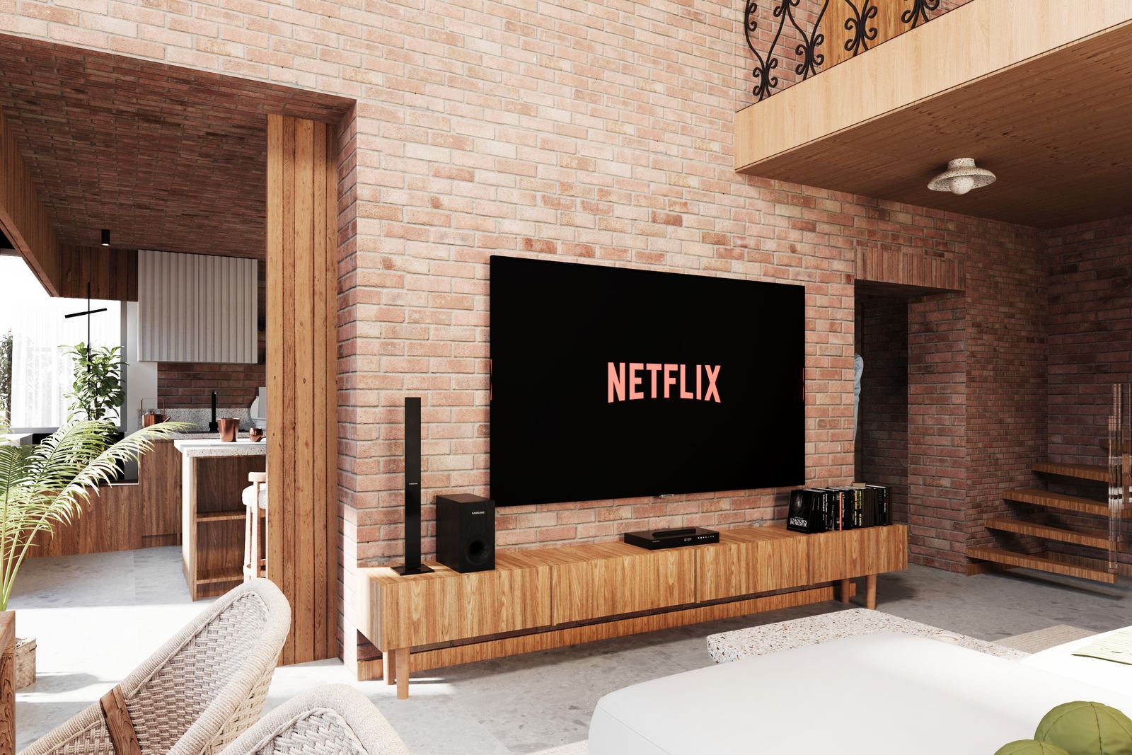 Living area with exposed brick walls, timber furniture, and a minimal TV setup integrated into a warm material palette.
