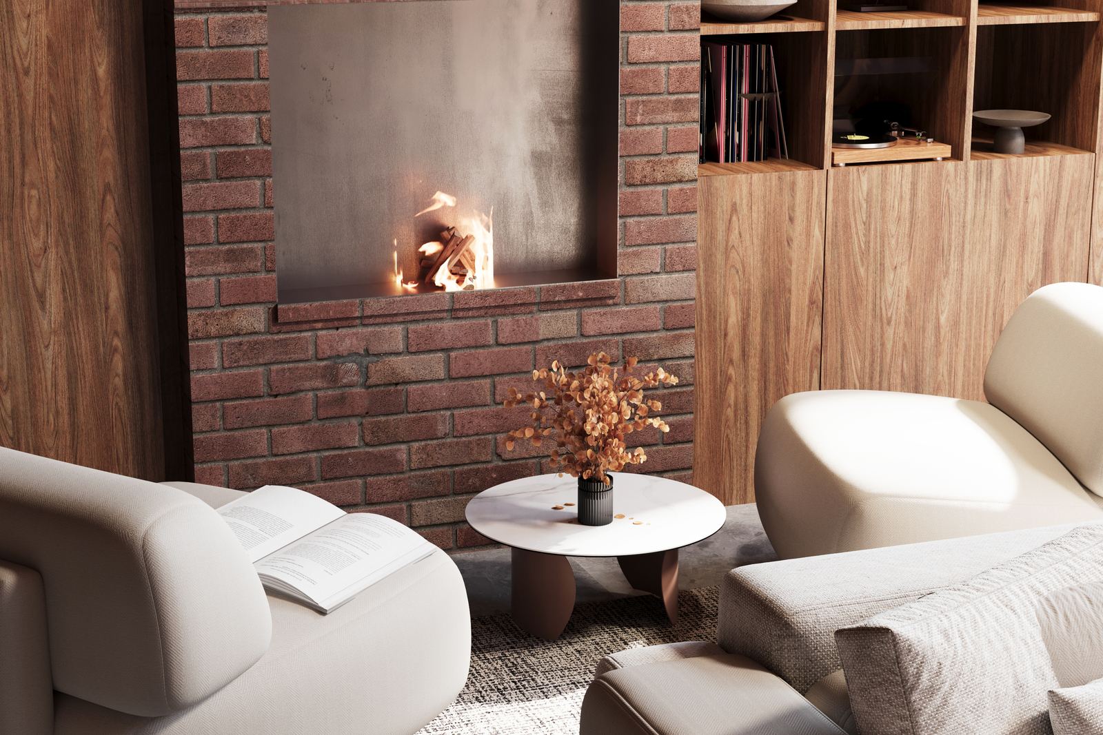 Fireplace detail set within exposed brick, accompanied by warm timber shelving and soft natural textures.