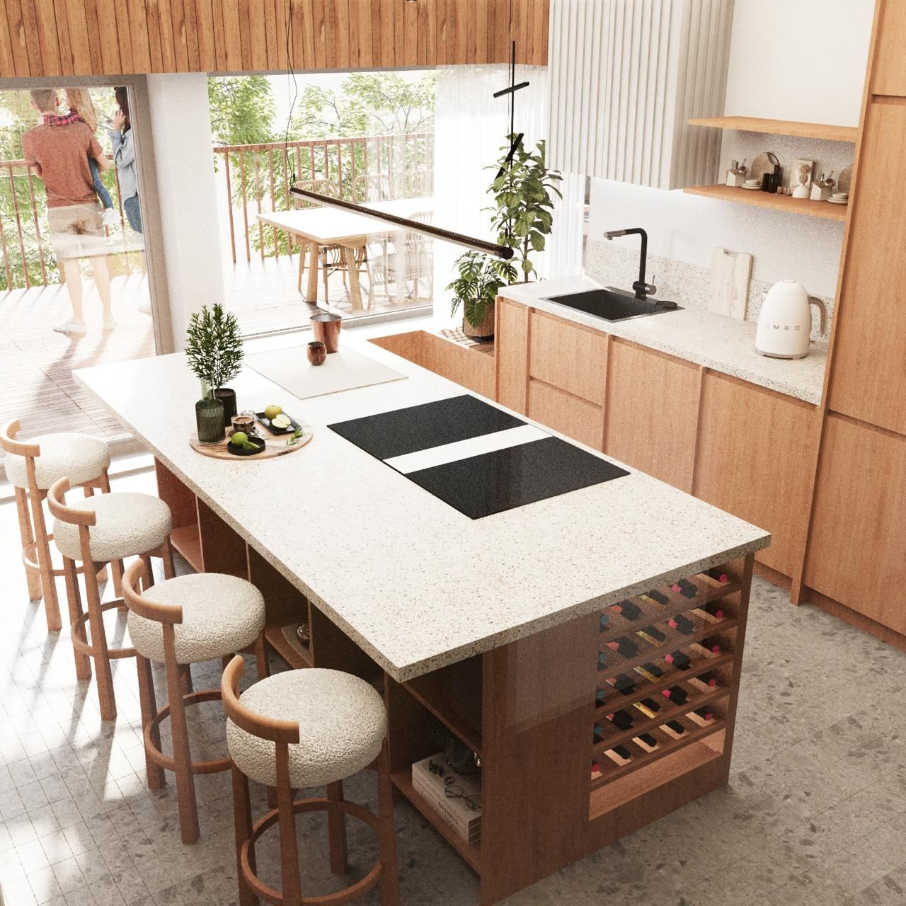 Open kitchen space with timber cabinetry, a central island, and soft daylight entering through large openings.