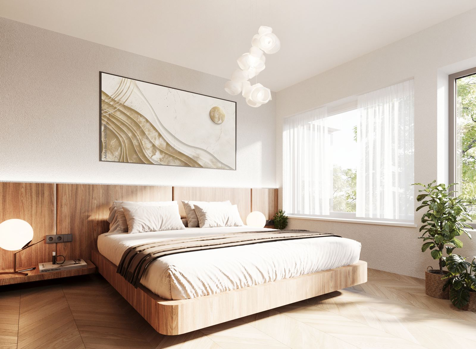 Bedroom with warm timber finishes, soft textiles, and filtered natural light.