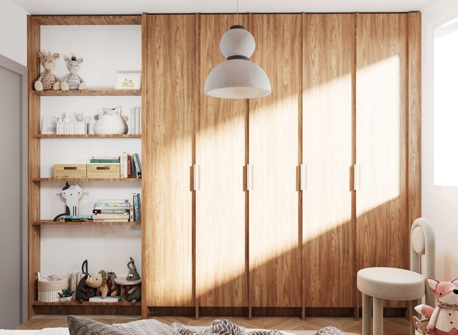 Children’s room wardrobe with full-height wooden panels and integrated open shelving for toys and books.