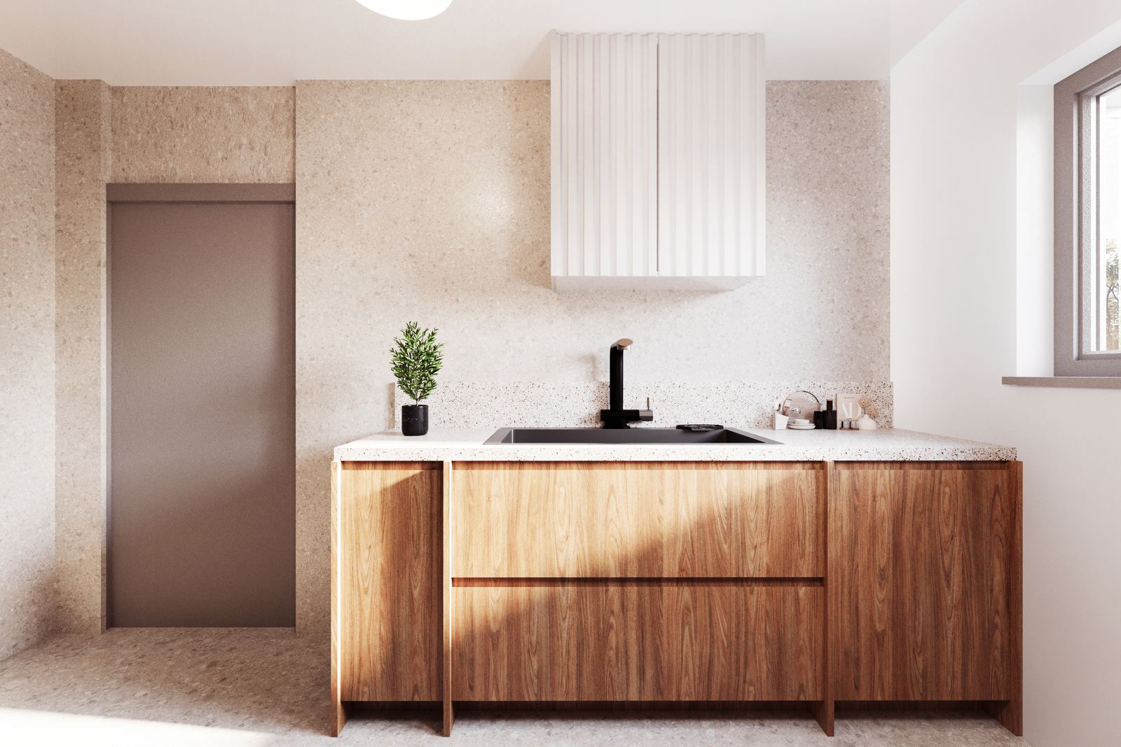 Secondary kitchen with compact layout, wooden cabinetry, and terrazzo surfaces in a soft, neutral palette.