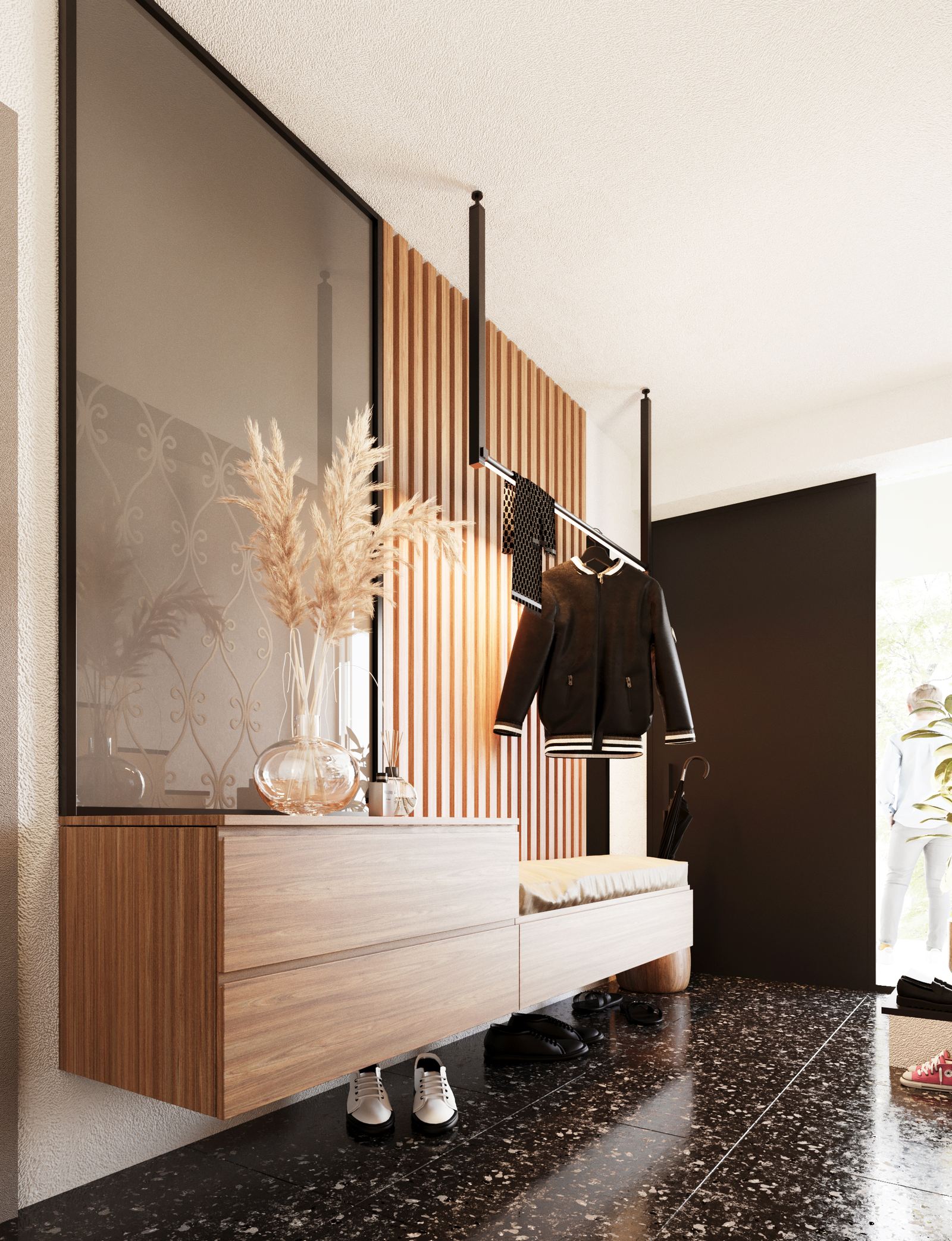Corridor detail with vertical wooden slats, integrated storage, and a minimal hanging rail.