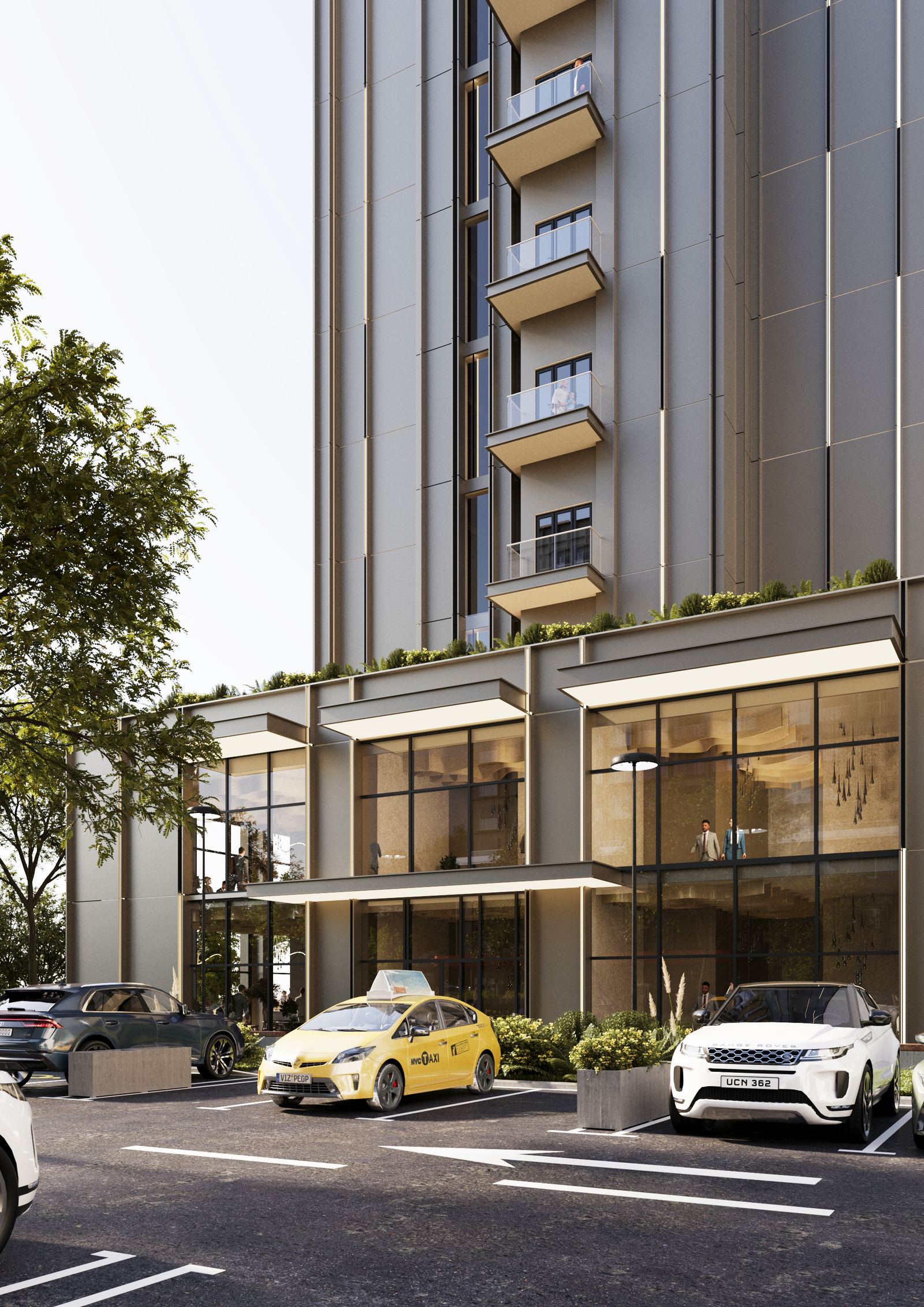 Podium façade with double-height glazing and terrace edge at TED Hotel & Offices